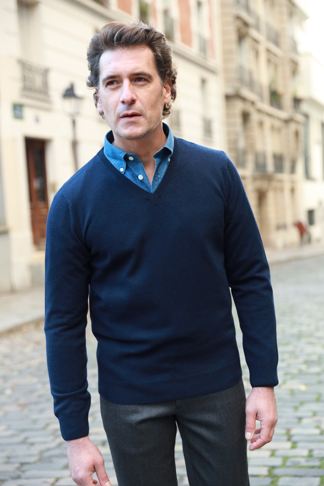 Pull Elijah col v en 100 % cachemire - Marine-PULL HOMME-Curling-Paris