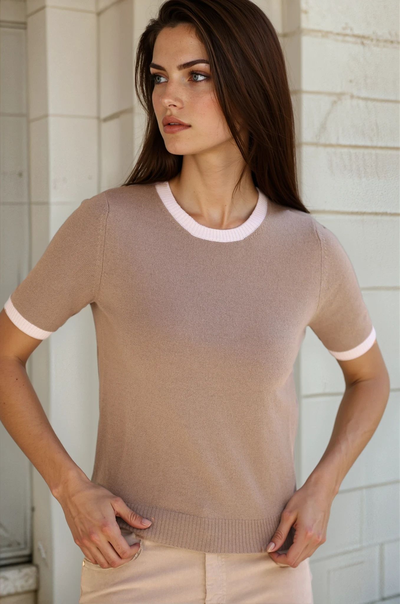 Pull Eve manches courtes en laine et cachemire - Taupe-PULL FEMME-Curling-Paris
