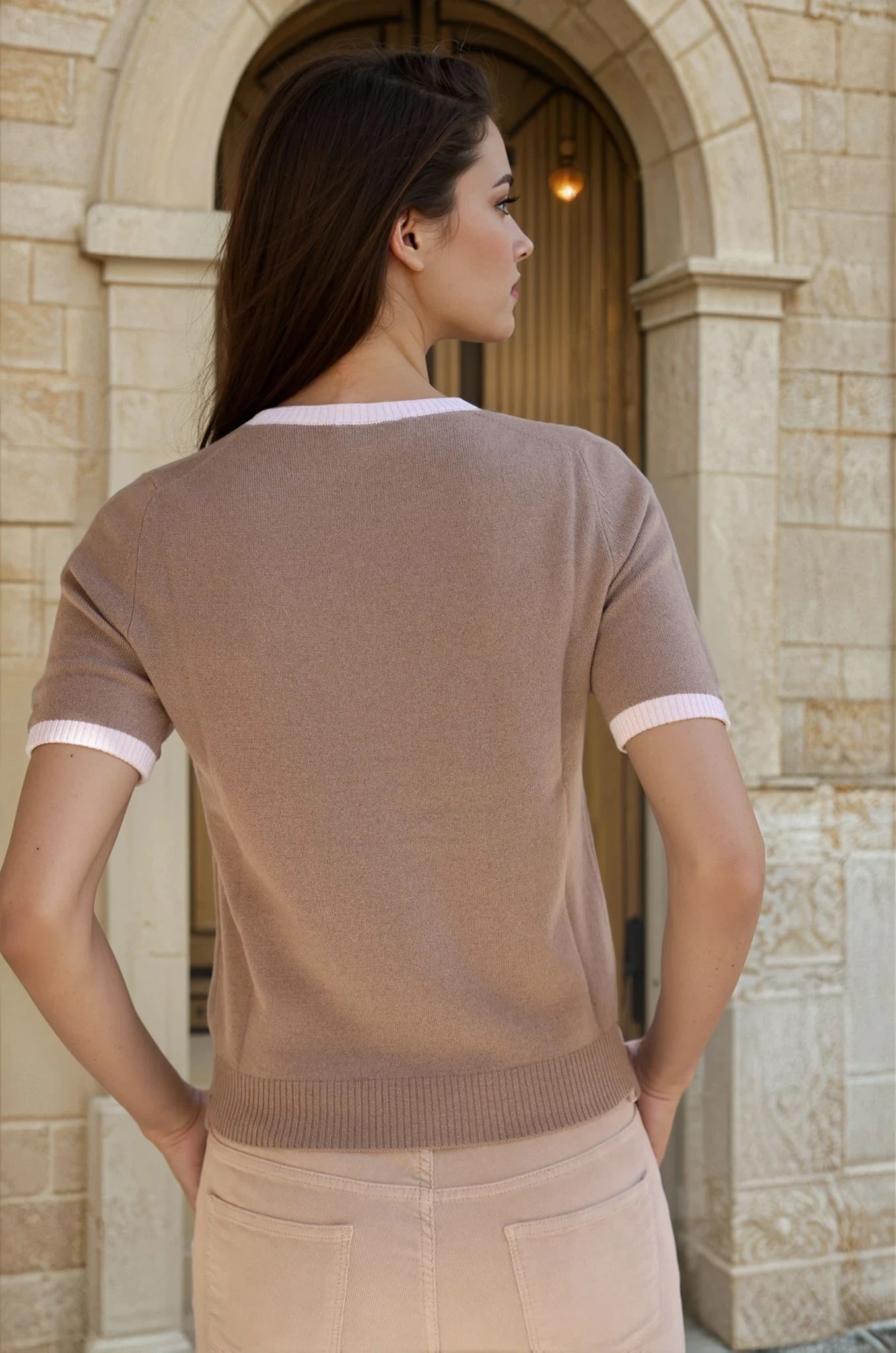 Pull Eve manches courtes en laine et cachemire - Taupe-PULL FEMME-Curling-Paris