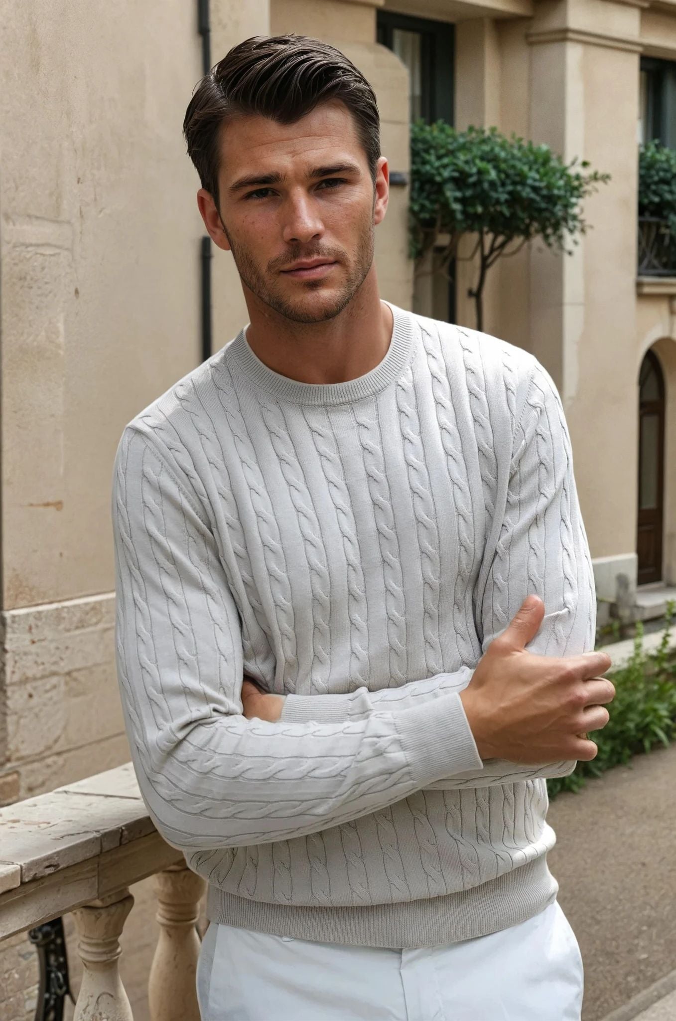 Pull Gege col rond à torsades en coton - Beige-PULL HOMME-Curling-Paris
