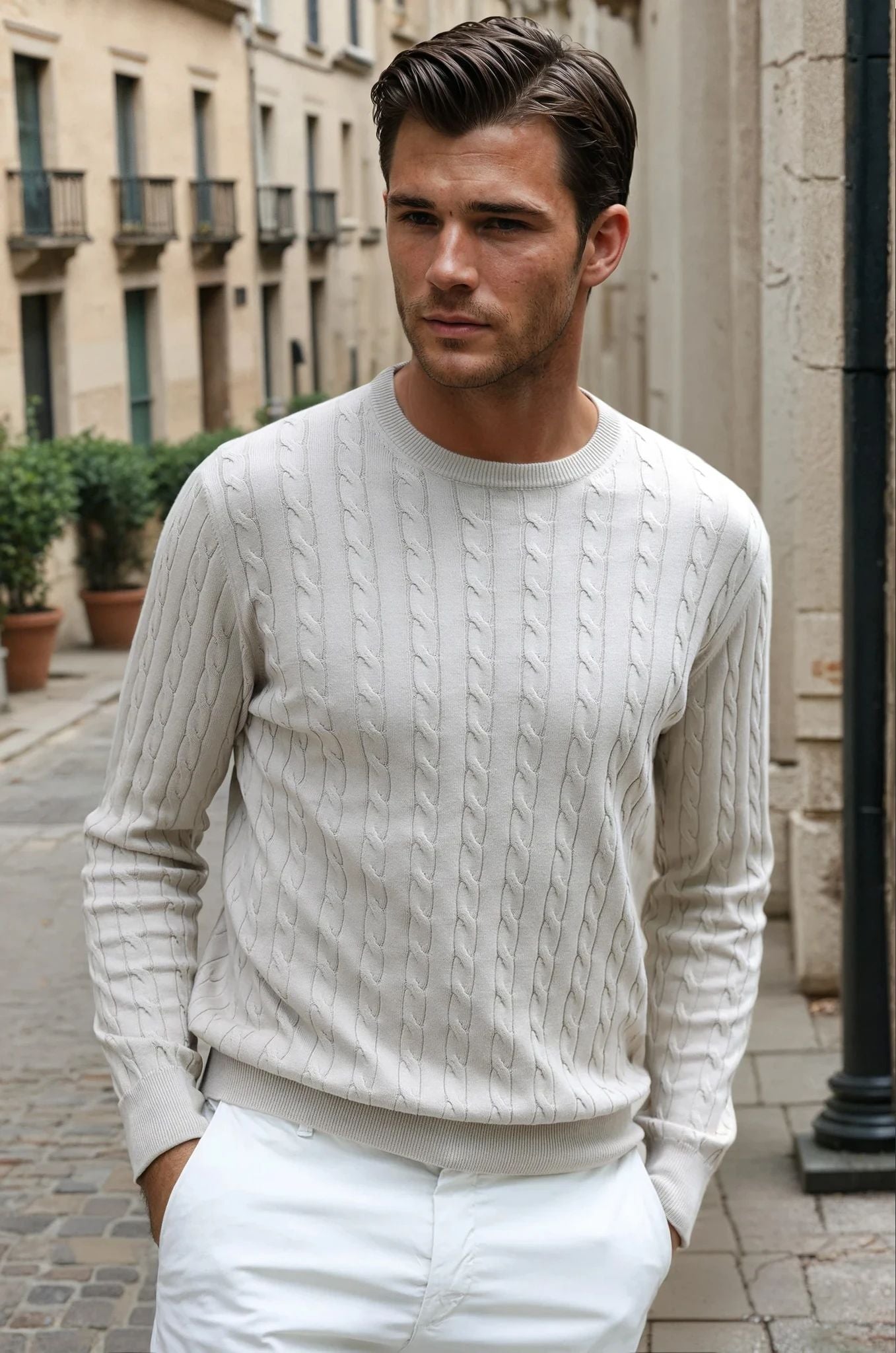 Pull Gege col rond à torsades en coton - Beige-PULL HOMME-Curling-Paris