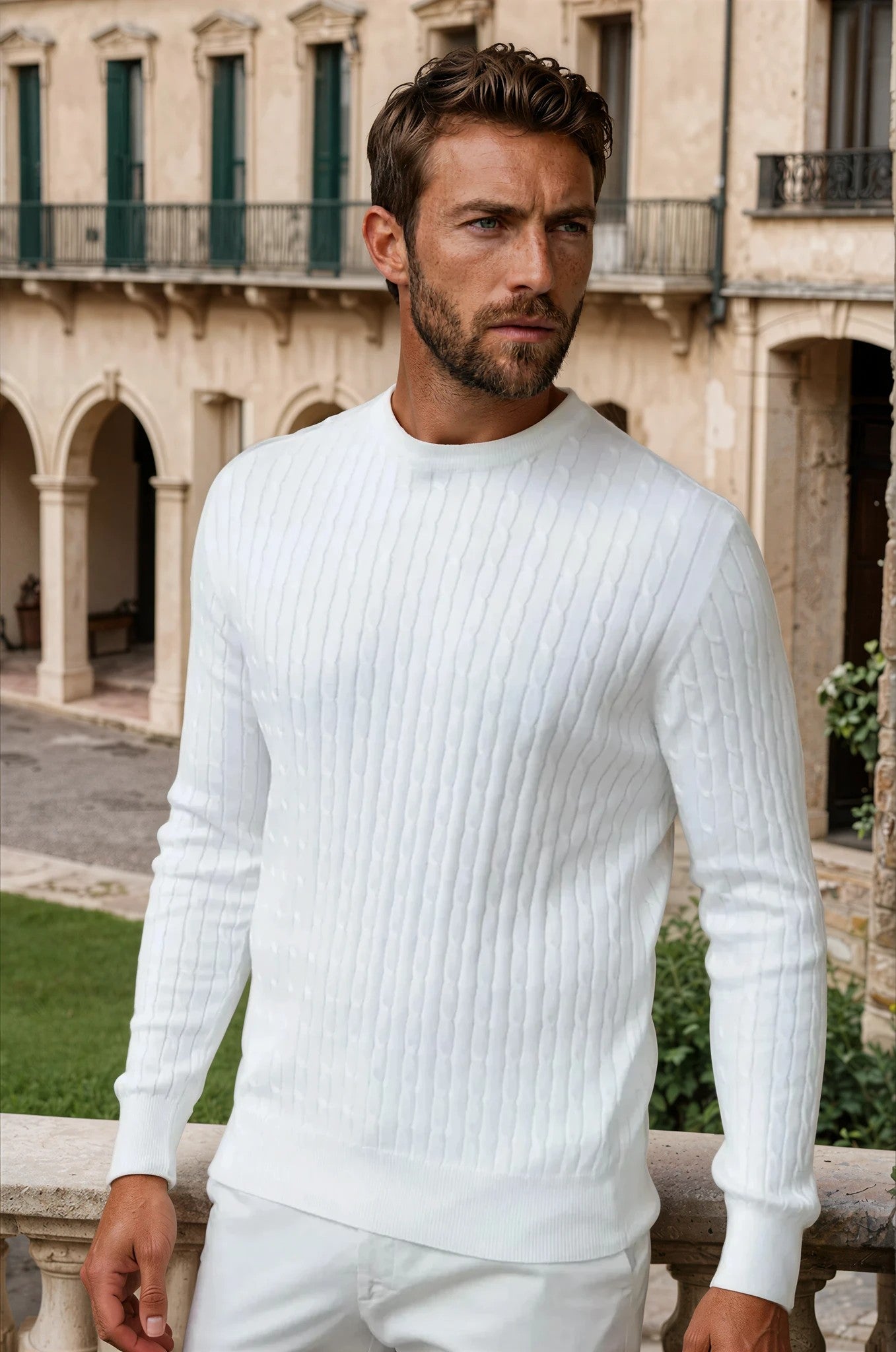 Pull Gege col rond à torsades en coton - Ecru-PULL HOMME-Curling-Paris