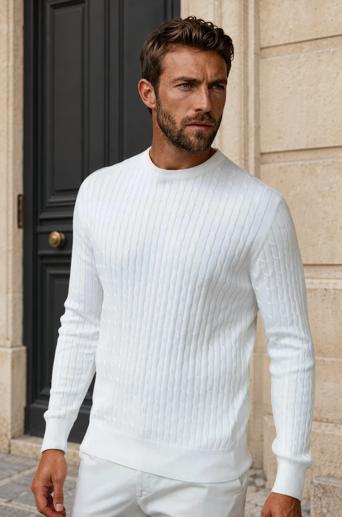 Pull Gege col rond à torsades en coton - Ecru-PULL HOMME-Curling-Paris