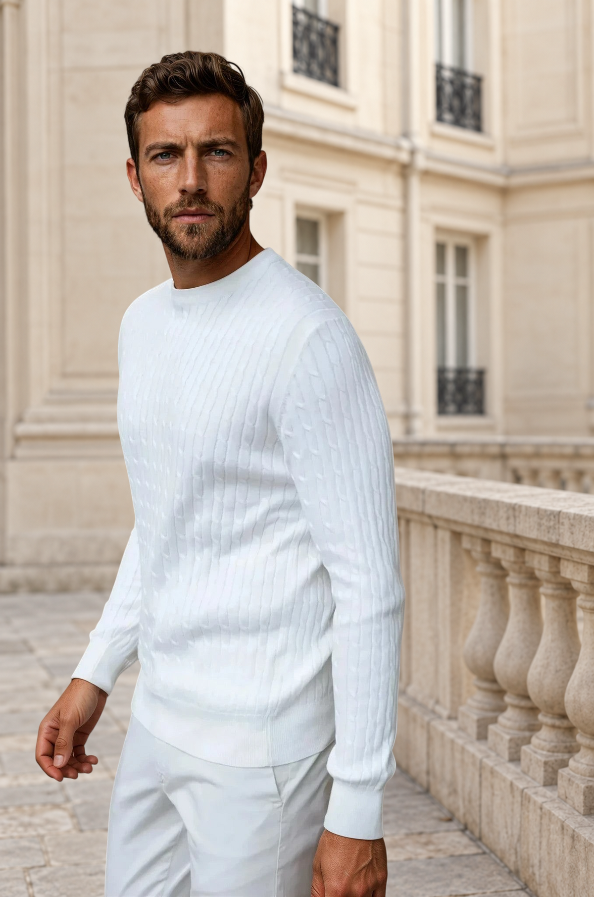 Pull Gege col rond à torsades en coton - Ecru-PULL HOMME-Curling-Paris