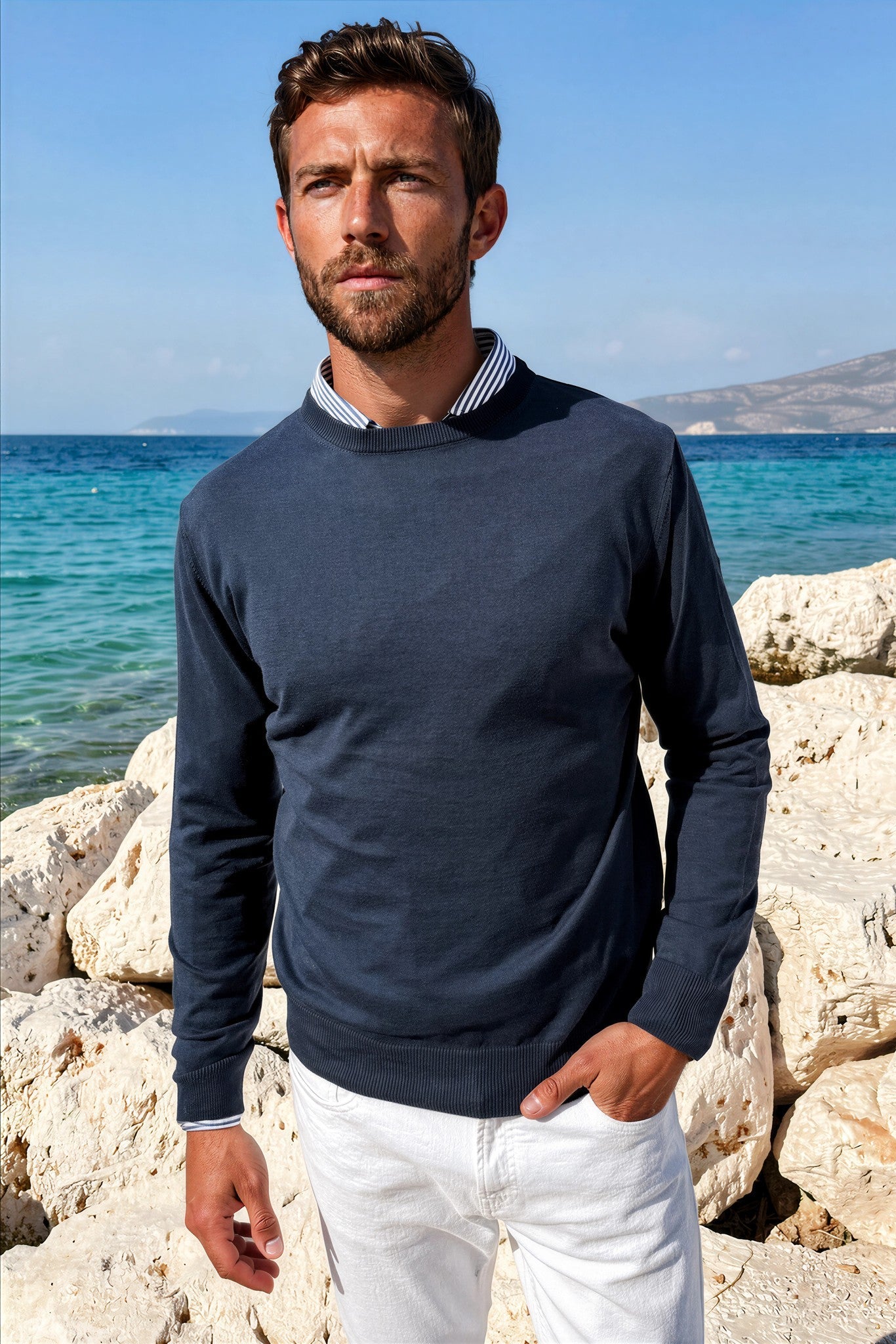 Pull Gege col rond en coton - Marine-PULL HOMME-Curling-Paris