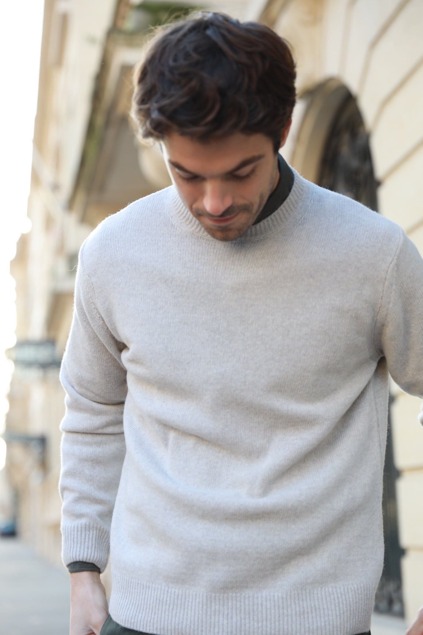 Pull Hughes col rond en laine & cachemire - Beige Clair-PULL HOMME-Curling-Paris