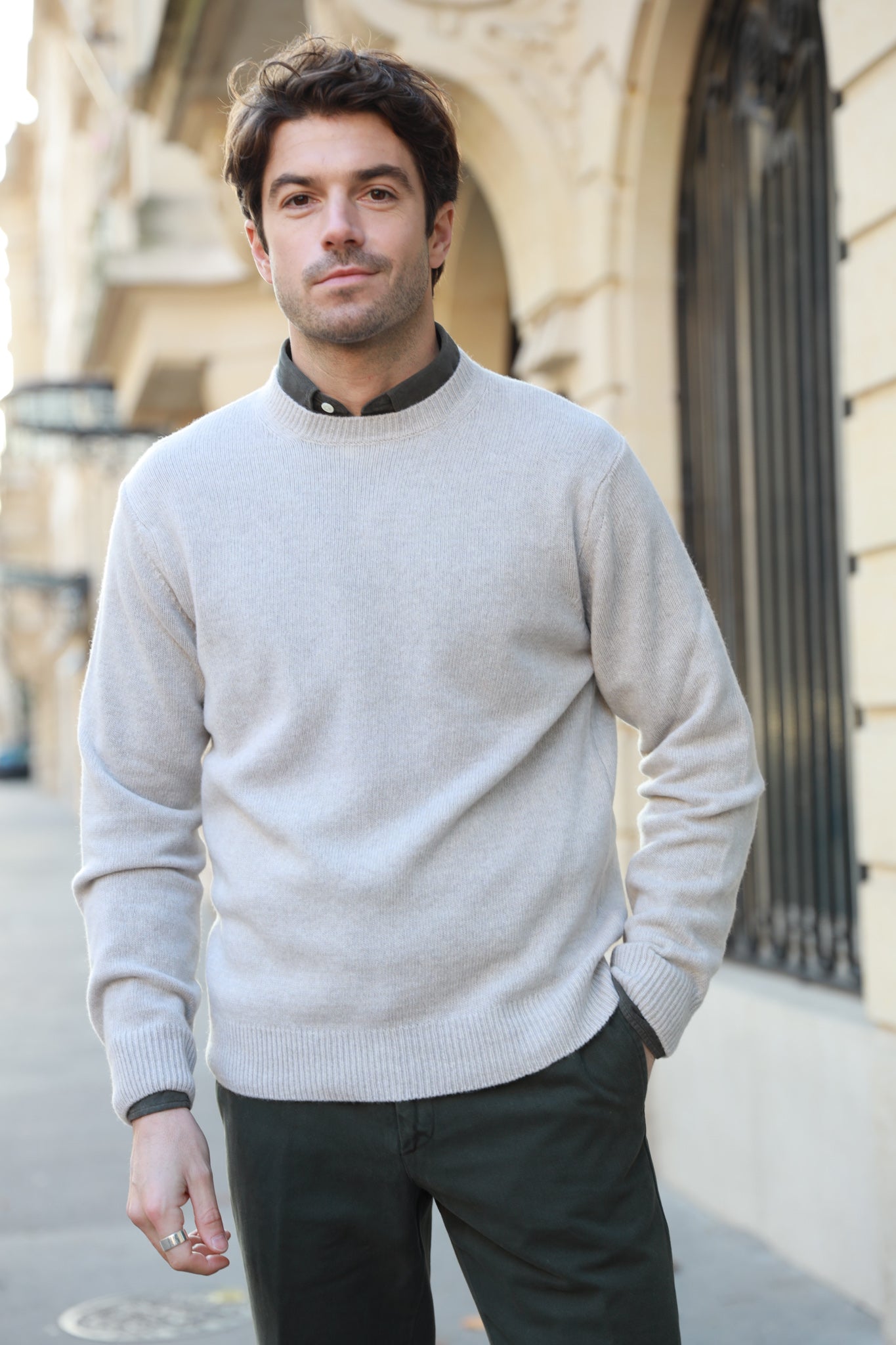 Pull Hughes col rond en laine & cachemire - Beige Clair-PULL HOMME-Curling-Paris