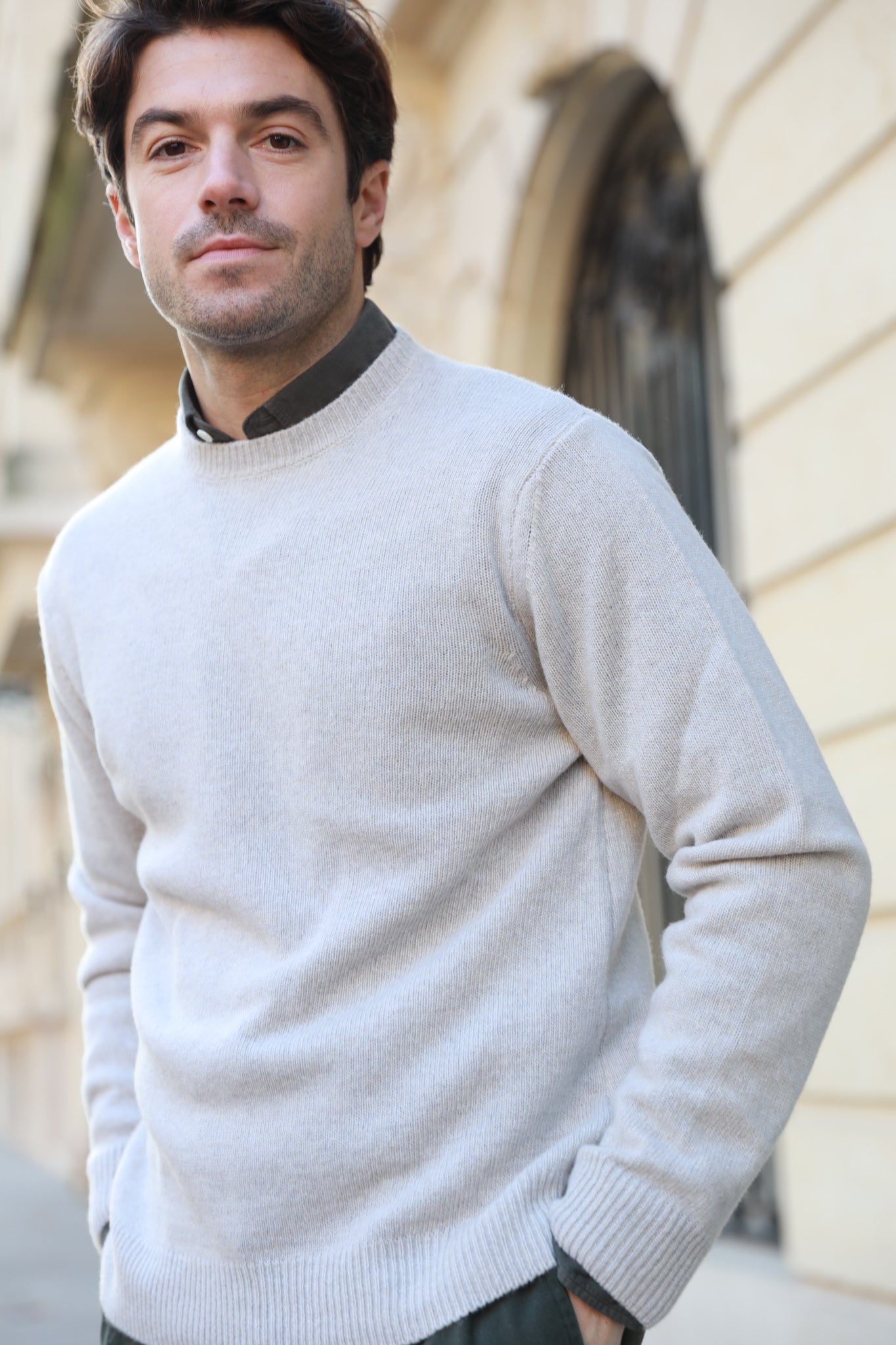 Pull Hughes col rond en laine & cachemire - Beige Clair-PULL HOMME-Curling-Paris