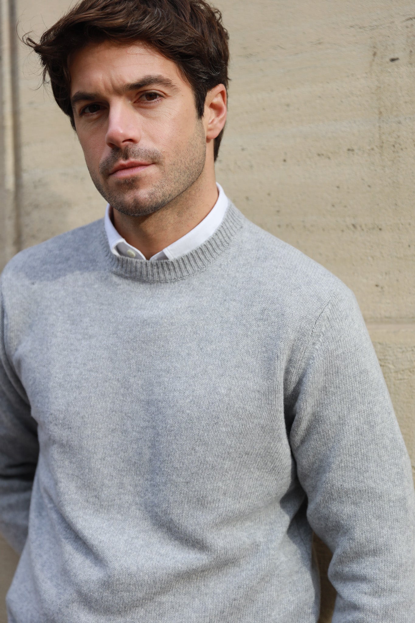 Pull Hughes col rond en laine & cachemire - Gris Clair-PULL HOMME-Curling-Paris