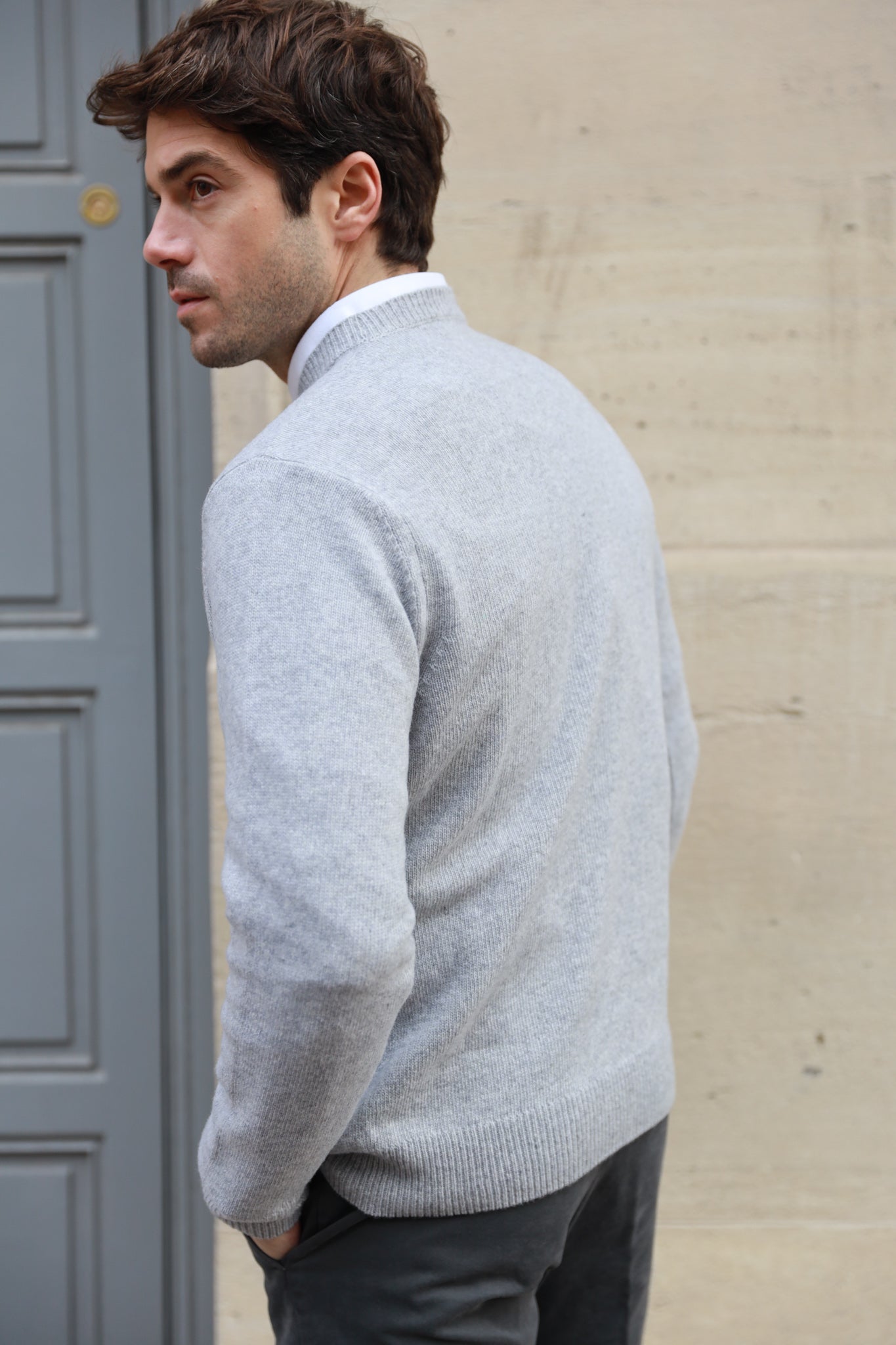 Pull Hughes col rond en laine & cachemire - Gris Clair-PULL HOMME-Curling-Paris