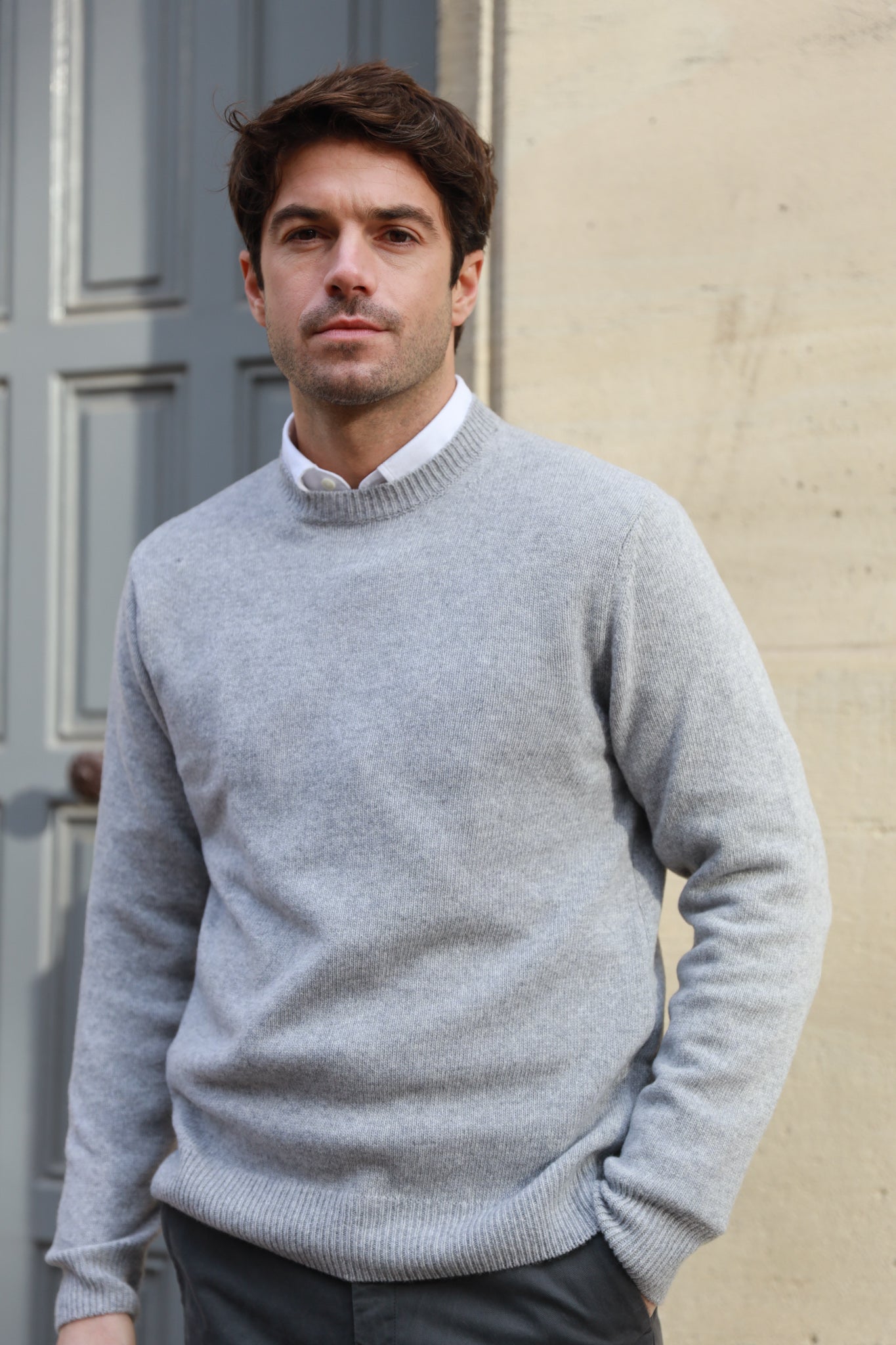 Pull Hughes col rond en laine & cachemire - Gris Clair-PULL HOMME-Curling-Paris
