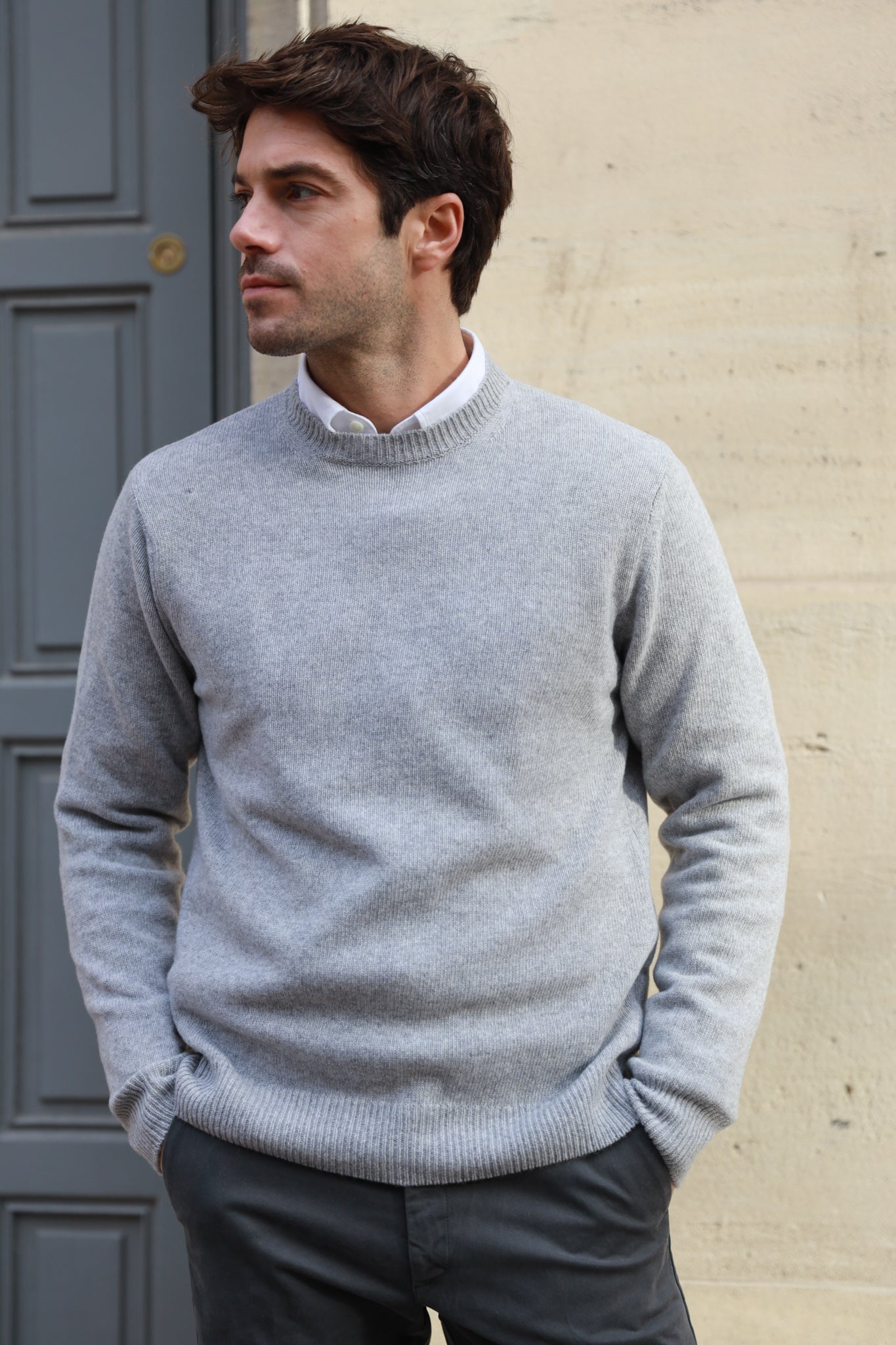 Pull Hughes col rond en laine & cachemire - Gris Clair-PULL HOMME-Curling-Paris