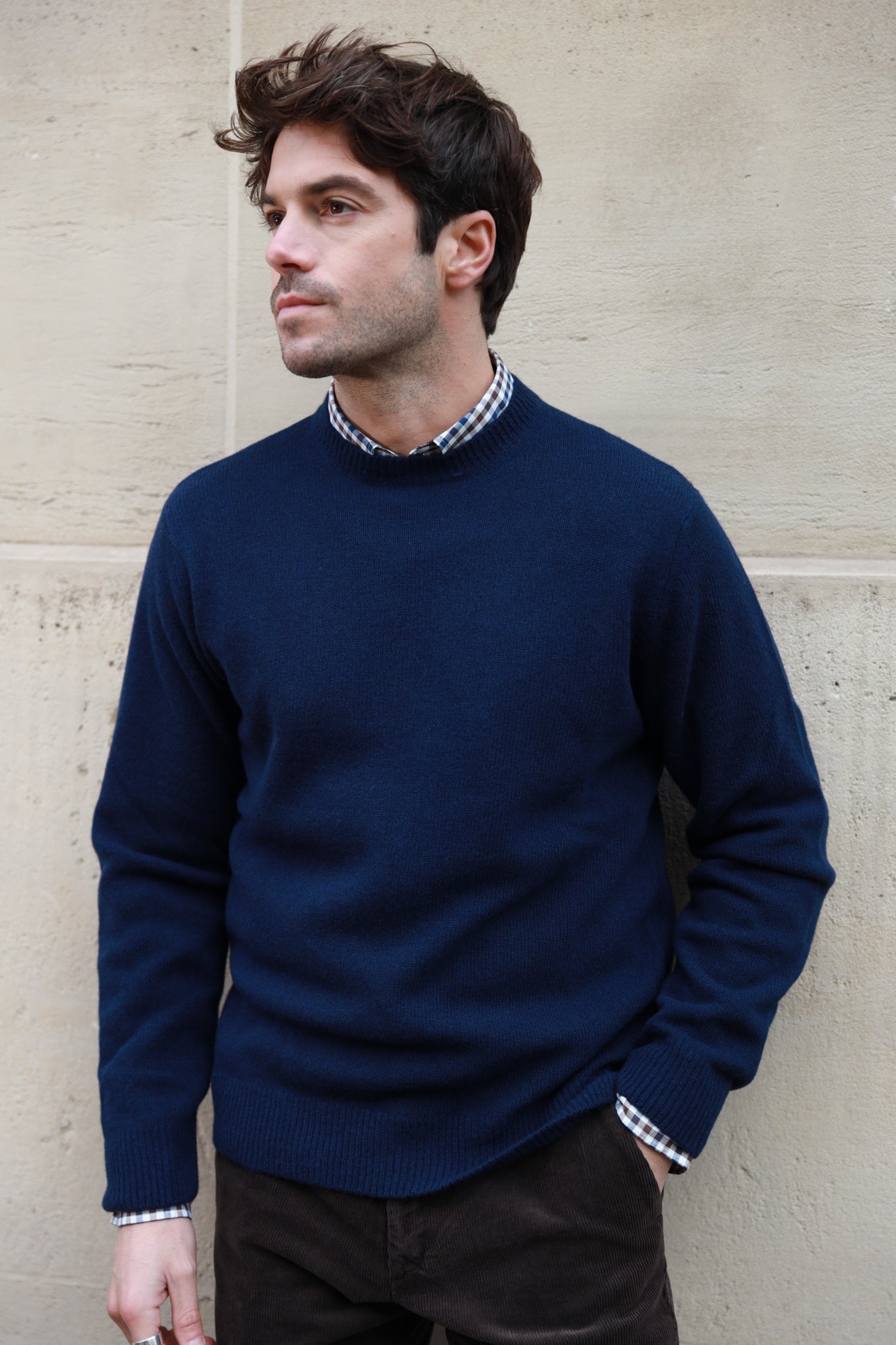 Pull Hughes col rond en laine & cachemire - Marine-PULL HOMME-Curling-Paris