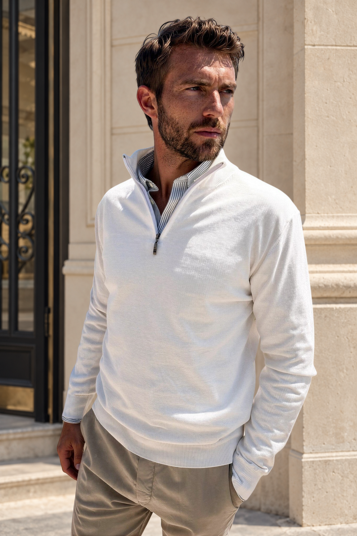 Pull John col zippé en coton - Ecru-PULL HOMME-Curling-Paris