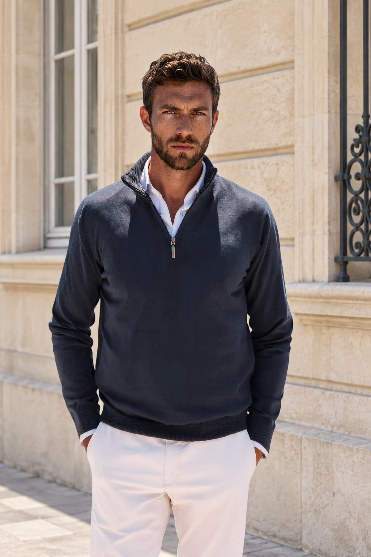 Pull John col zippé en coton - Marine-PULL HOMME-Curling-Paris