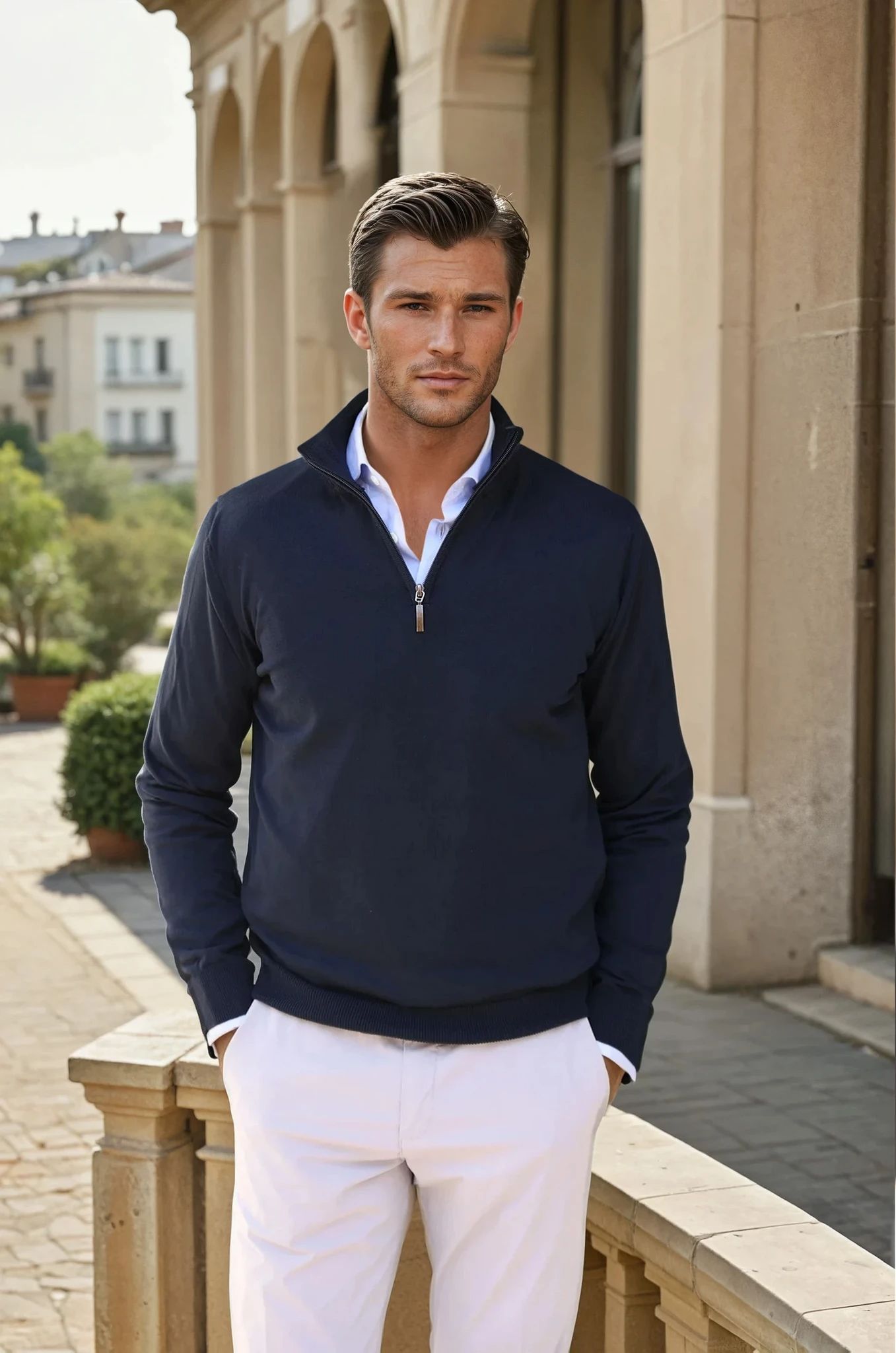 Pull John col zippé en coton - Marine-PULL HOMME-Curling-Paris