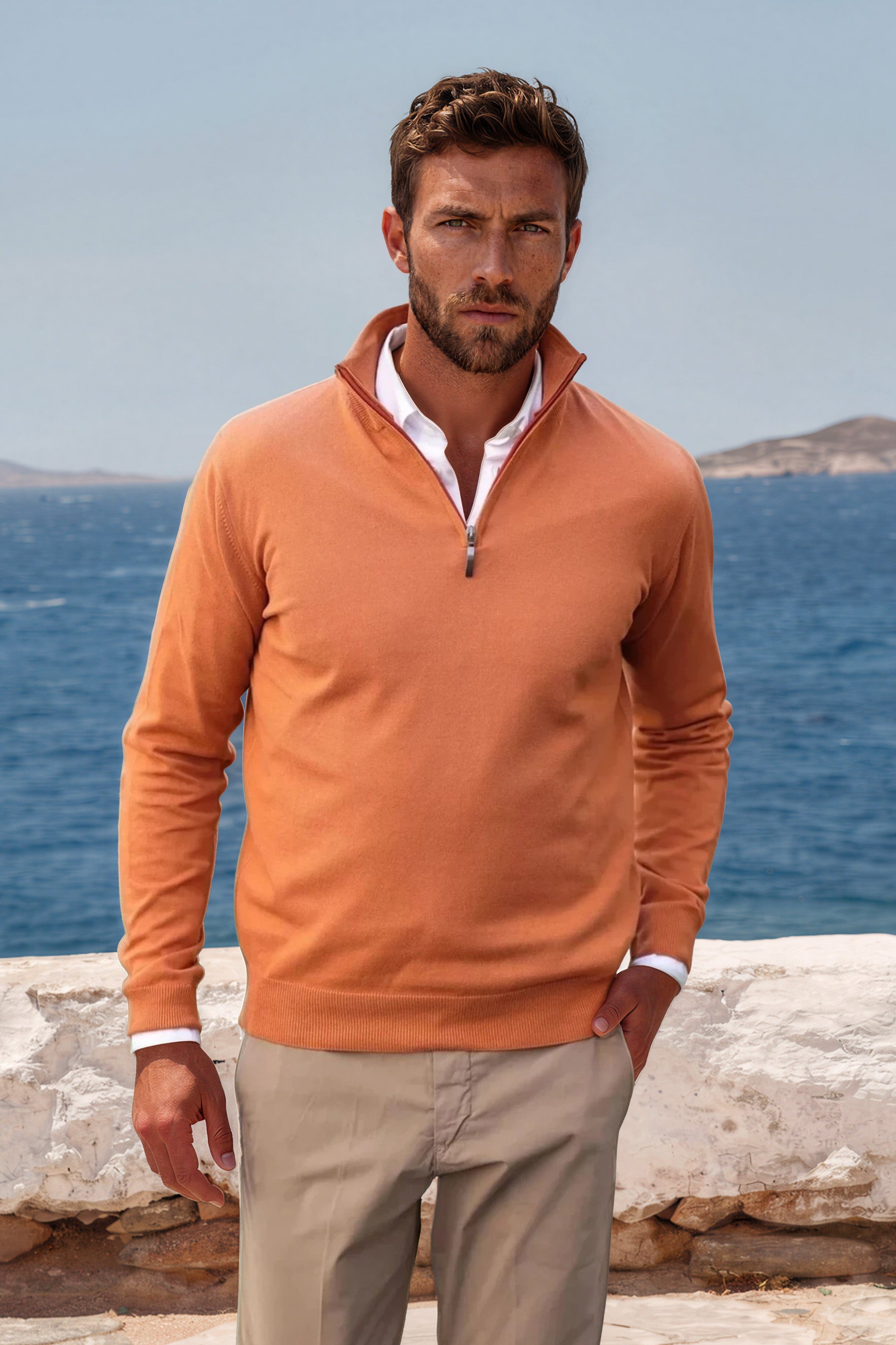 Pull John col zippé en coton - Orange-PULL HOMME-Curling-Paris