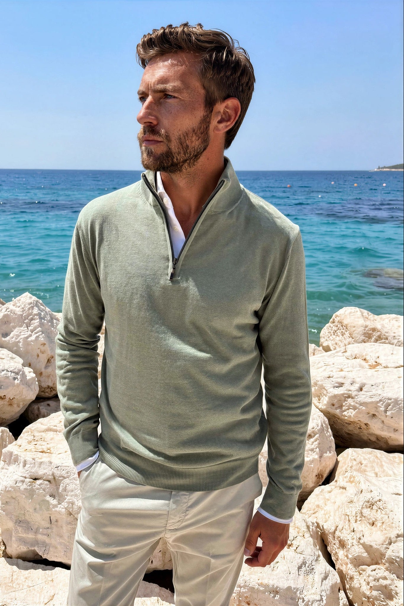 Pull John col zippé en coton - Sauge-PULL HOMME-Curling-Paris