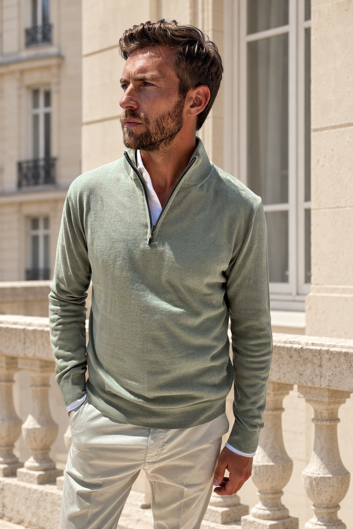 Pull John col zippé en coton - Sauge-PULL HOMME-Curling-Paris