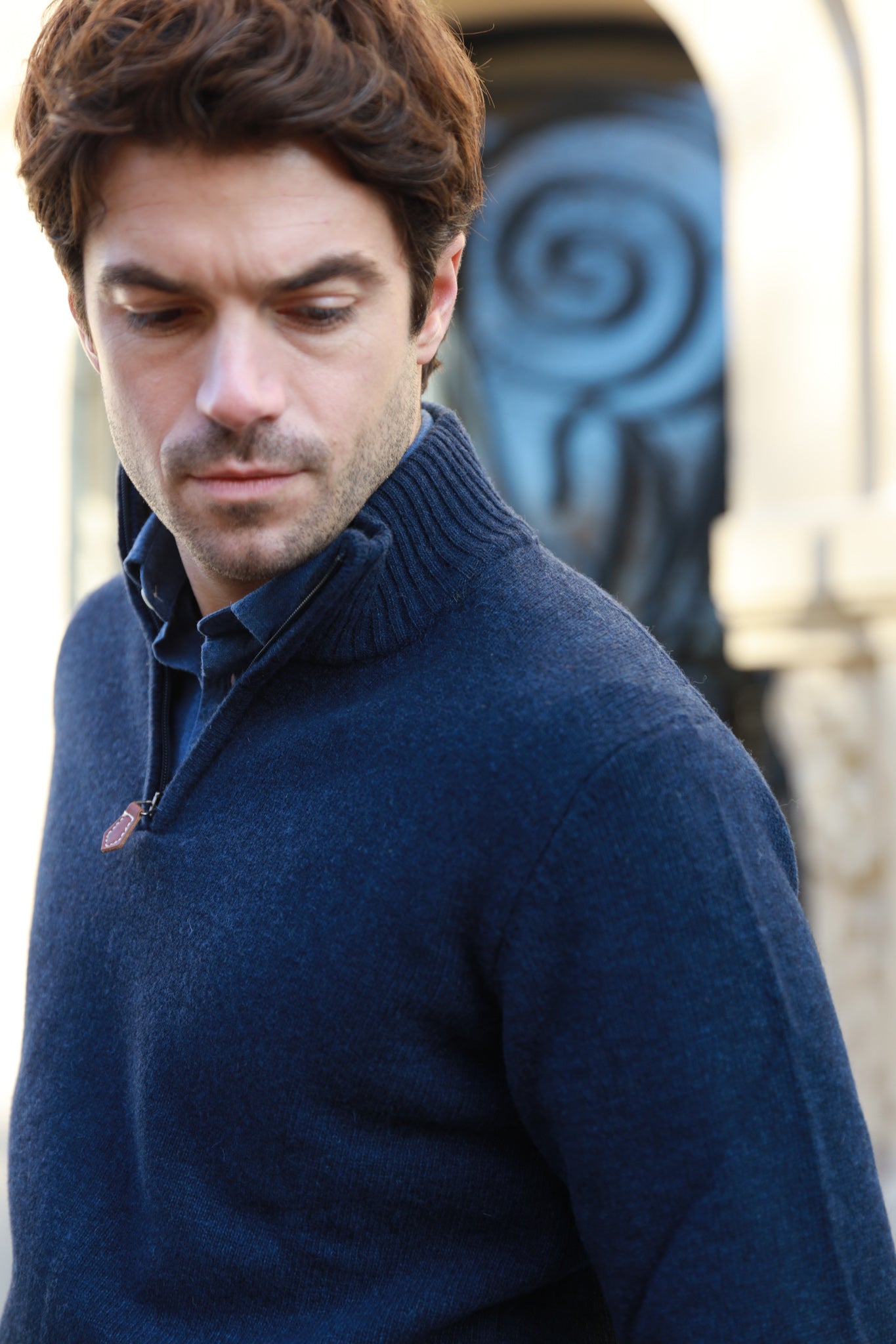 Pull Jude col zippé en laine d’agneau - Bleu-PULL HOMME-Curling-Paris