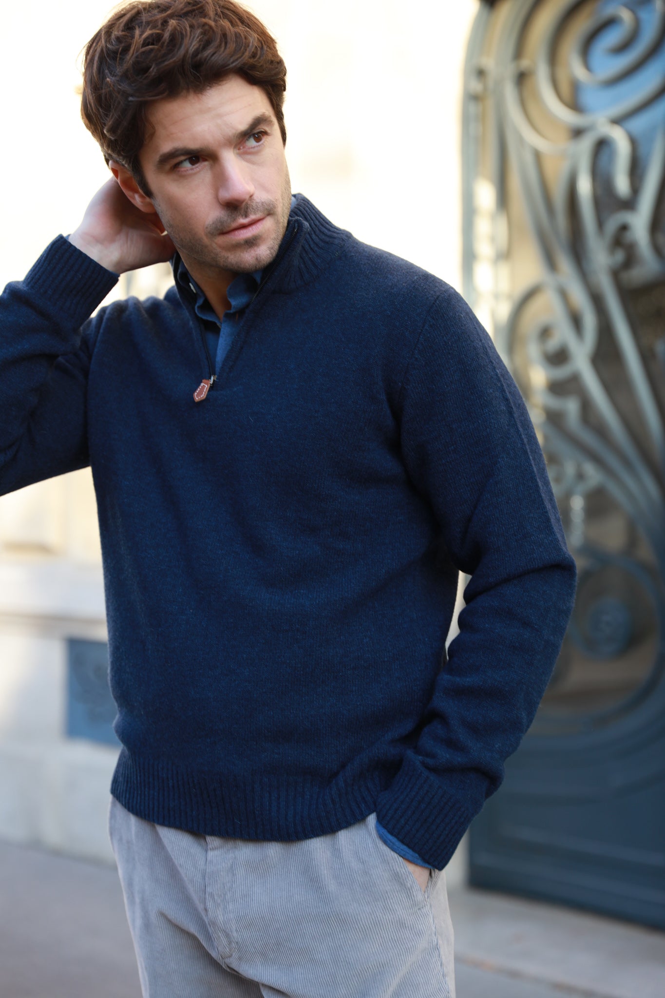 Pull Jude col zippé en laine d’agneau - Bleu-PULL HOMME-Curling-Paris