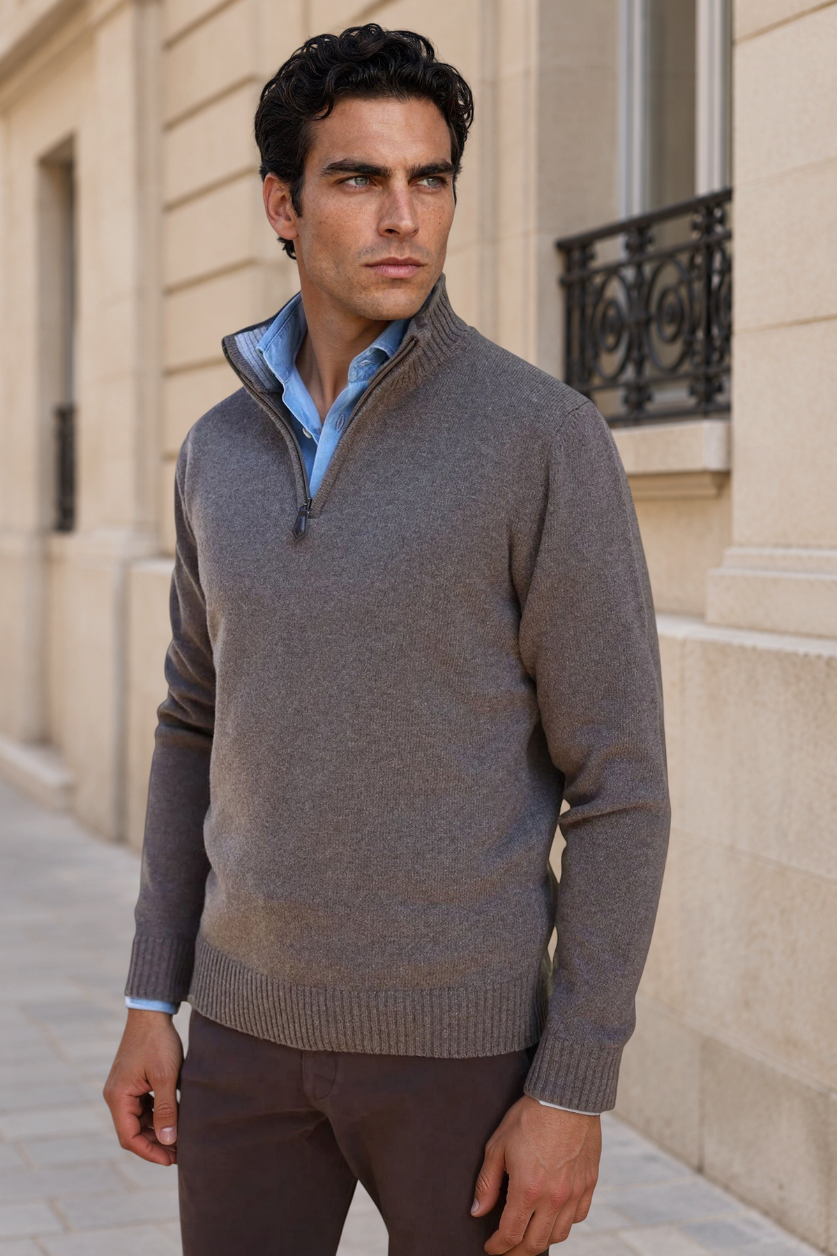 Pull Maxime col zippé en laine & cachemire – Taupe-PULL HOMME-Curling-Paris