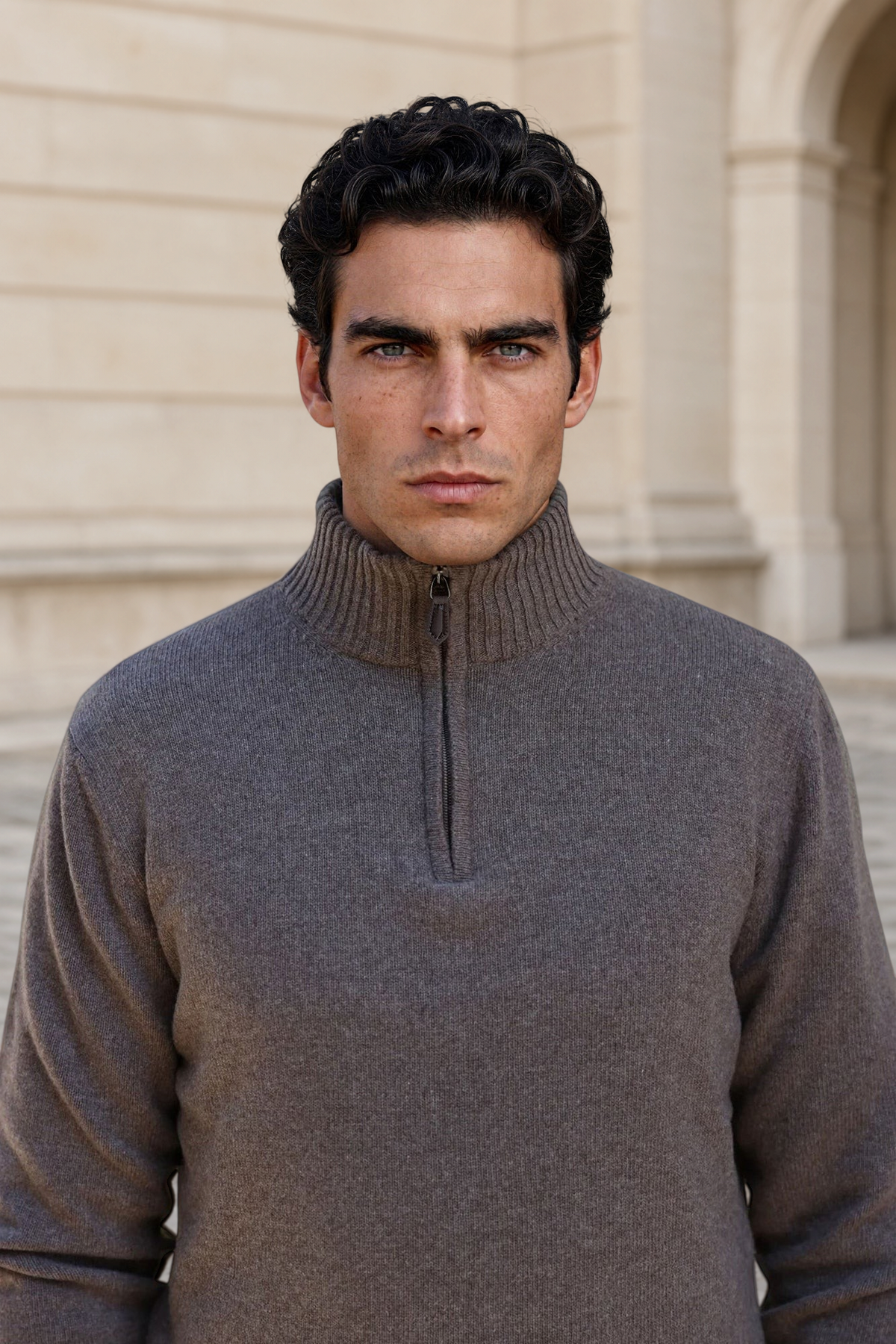 Pull Maxime col zippé en laine & cachemire – Taupe-PULL HOMME-Curling-Paris