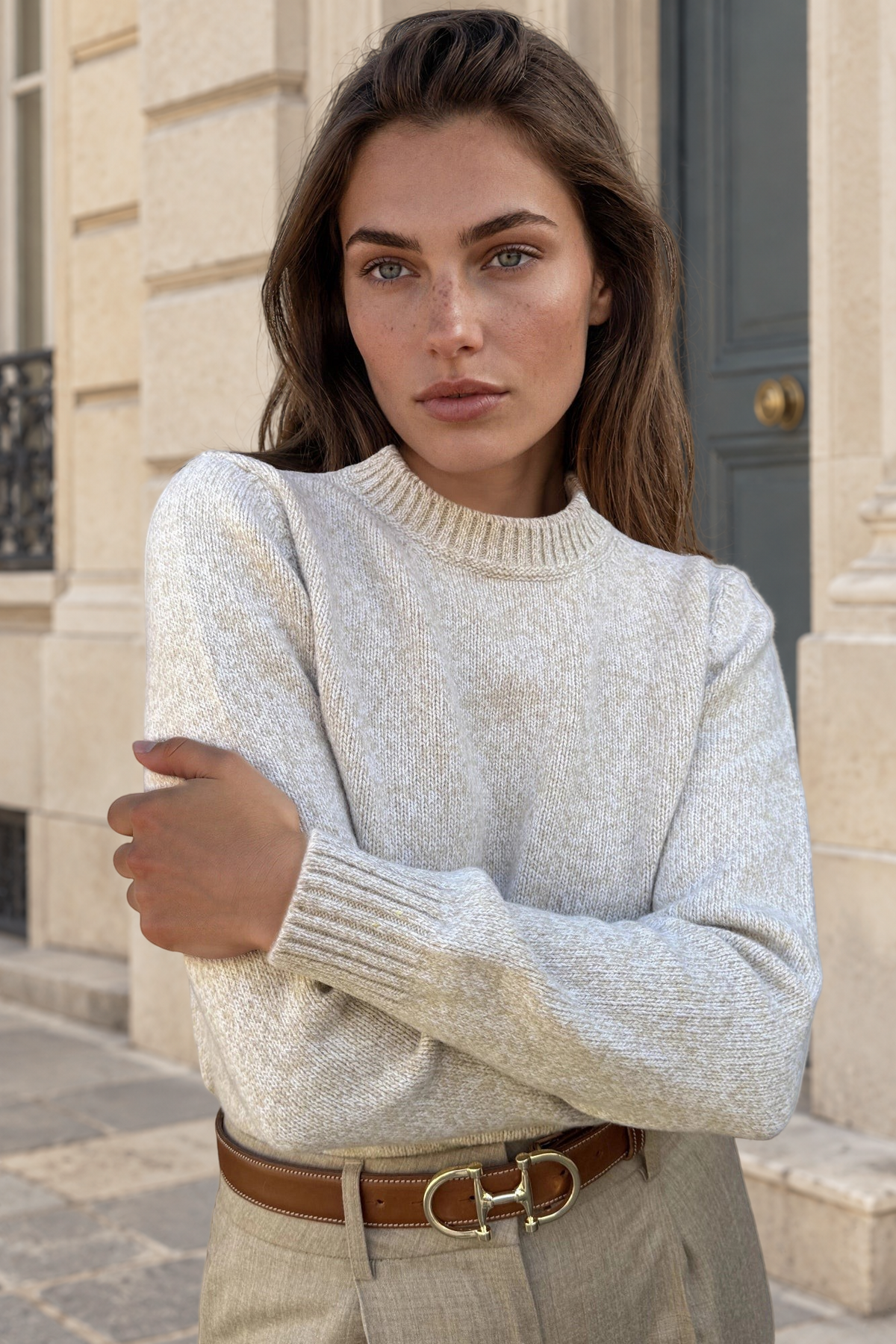 Pull Mona col rond en laine & cachemire mouliné - Beige-PULL FEMME-Curling-Paris