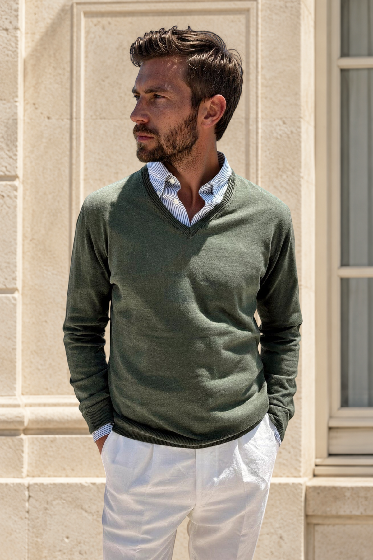 Pull Nico col v en coton - Kaki-PULL HOMME-Curling-Paris