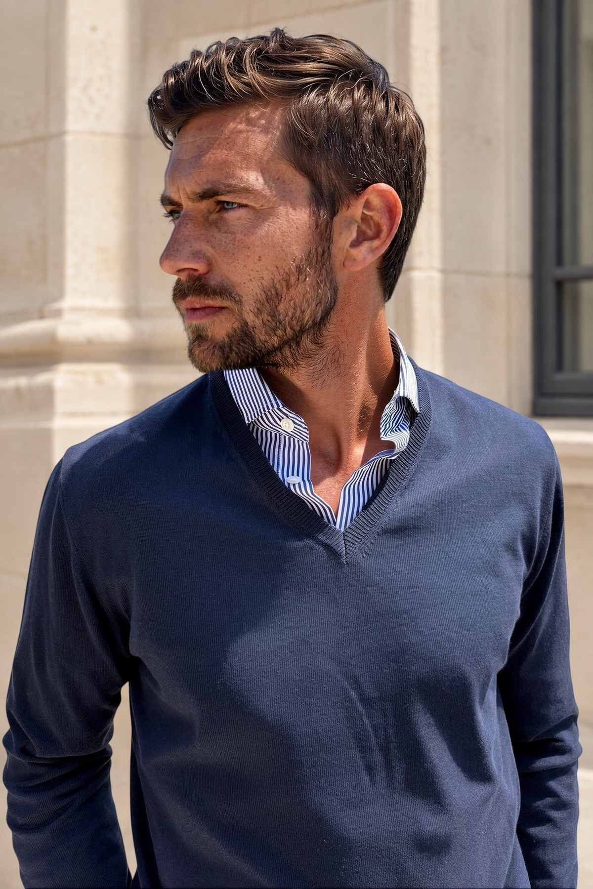 Pull Nico col v en coton - Marine-PULL HOMME-Curling-Paris