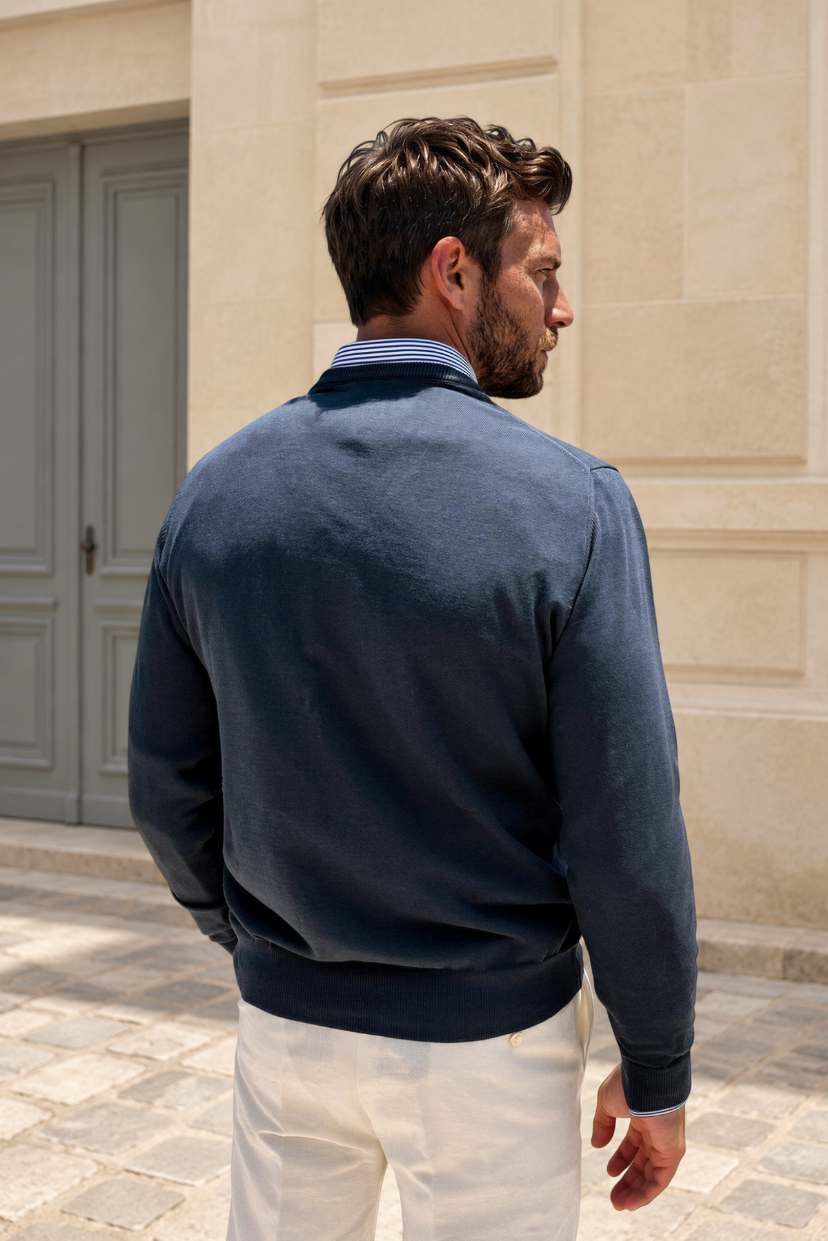 Pull Nico col v en coton - Marine-PULL HOMME-Curling-Paris