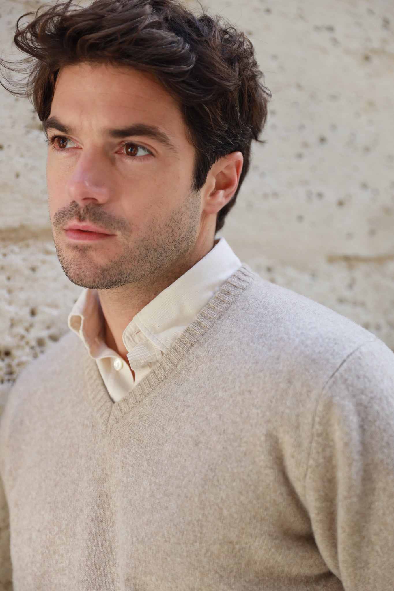 Pull Robin col v en laine d'agneau - Beige-PULL HOMME-Curling-Paris