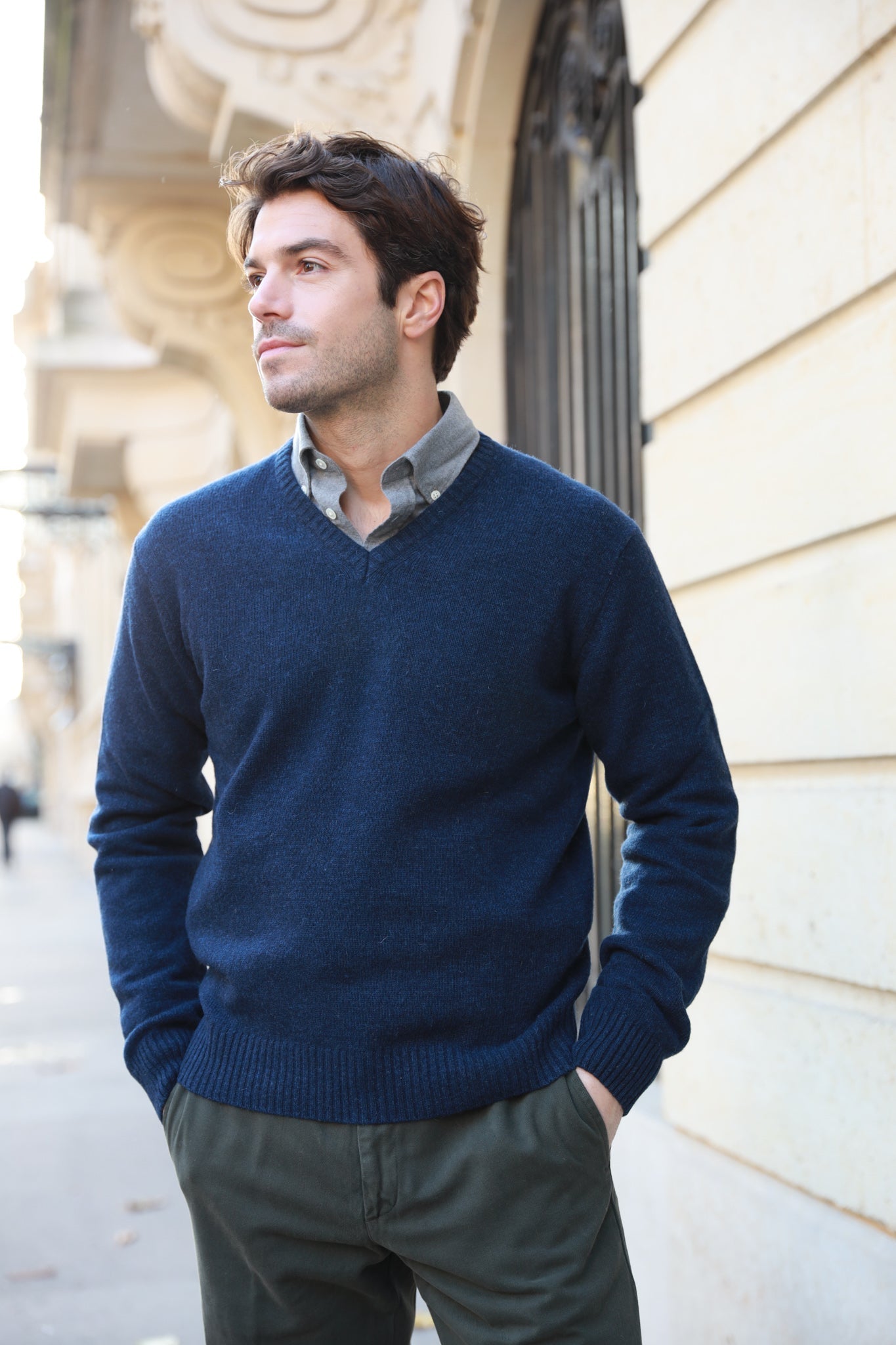 Pull Robin col v en lambswool - Bleu-PULL HOMME-Curling-Paris