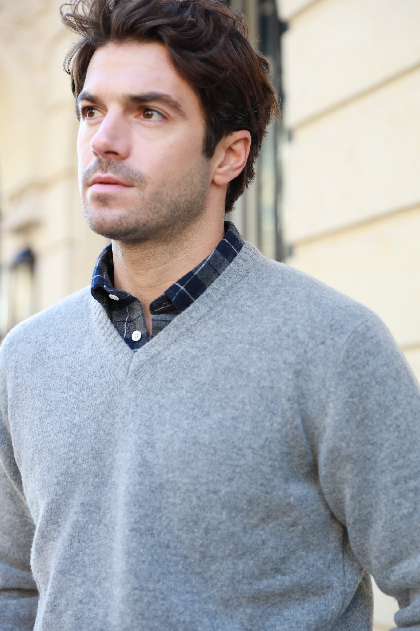 Pull Robin col v en lambswool - Gris-PULL HOMME-Curling-Paris