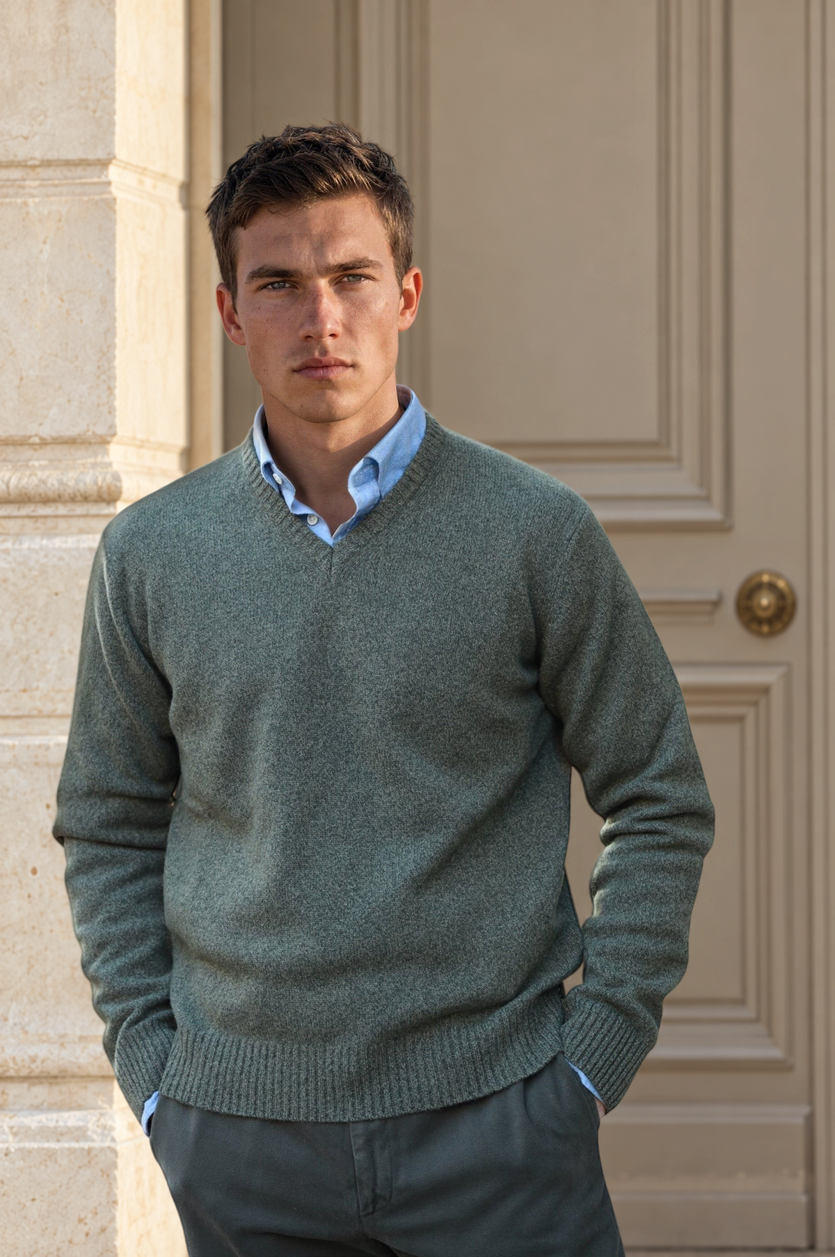 Pull Robin en lambswool col V - Kaki-PULL HOMME-Curling-Paris
