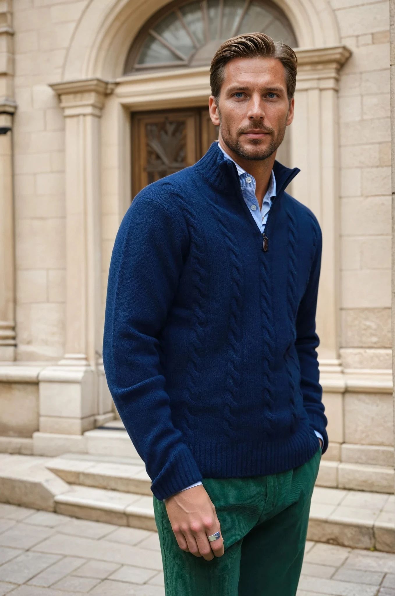 Pull Theo en laine & cachemire à torsade - Marine