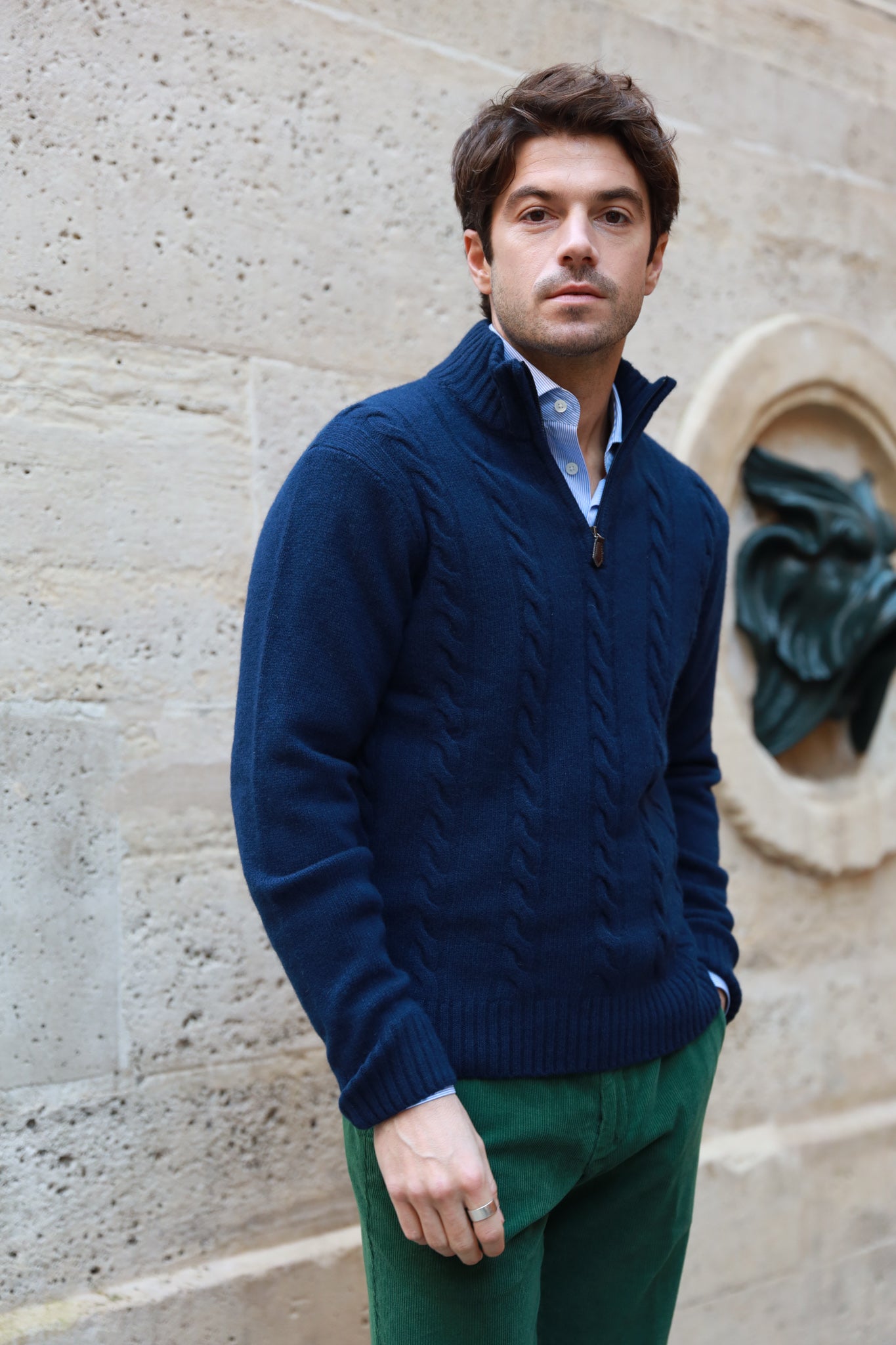 Pull Theo en laine & cachemire à torsade - Marine-PULL HOMME-Curling-Paris