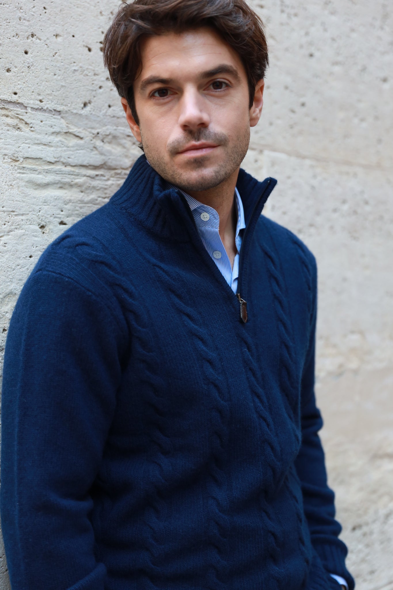 Pull Theo en laine & cachemire à torsade - Marine-PULL HOMME-Curling-Paris