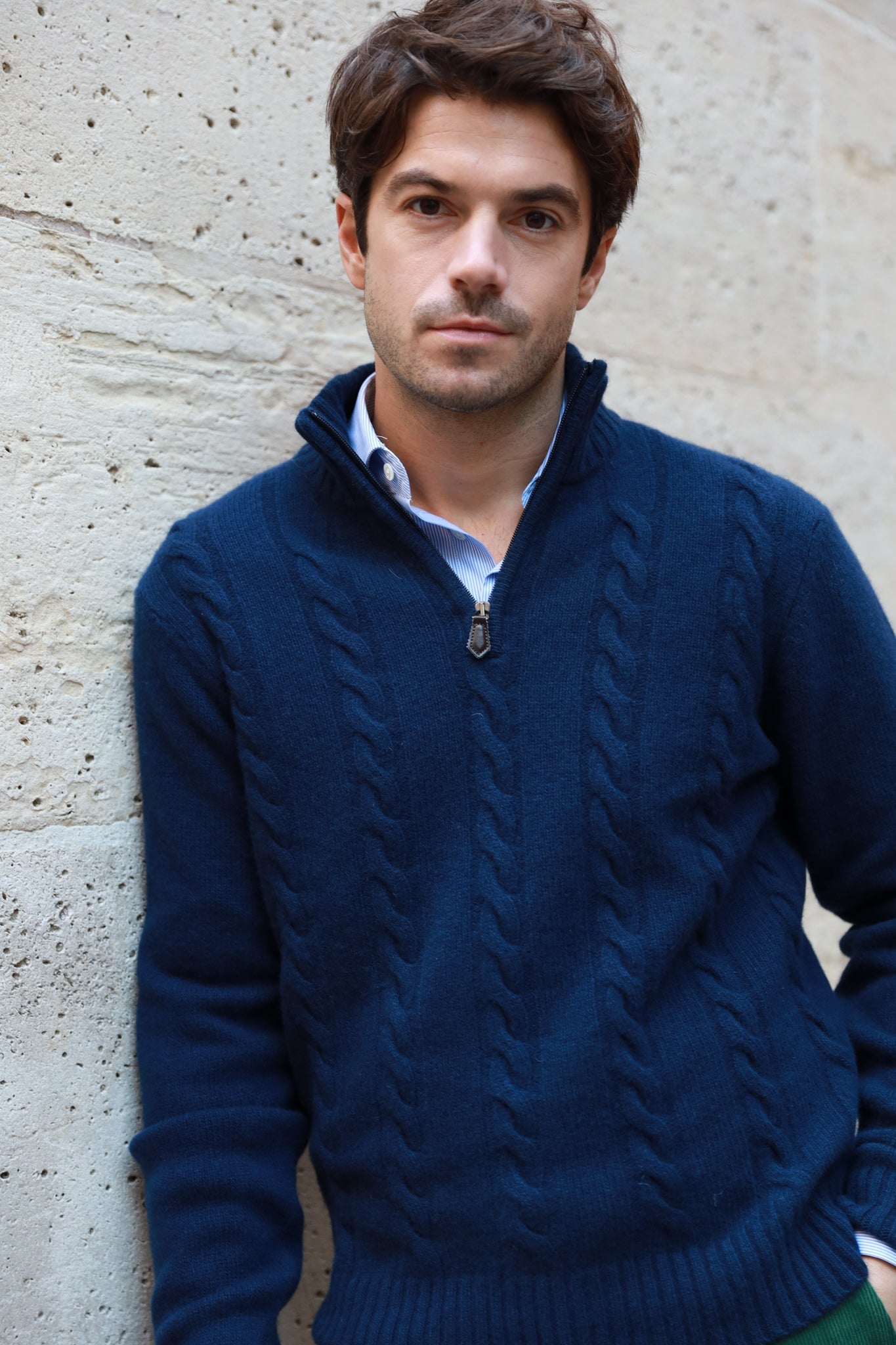 Pull Theo en laine & cachemire à torsade - Marine-PULL HOMME-Curling-Paris