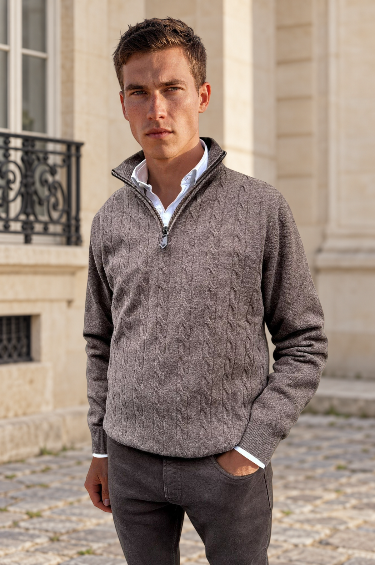 Pull Theo en laine & cachemire à torsade - Taupe-PULL HOMME-Curling-Paris