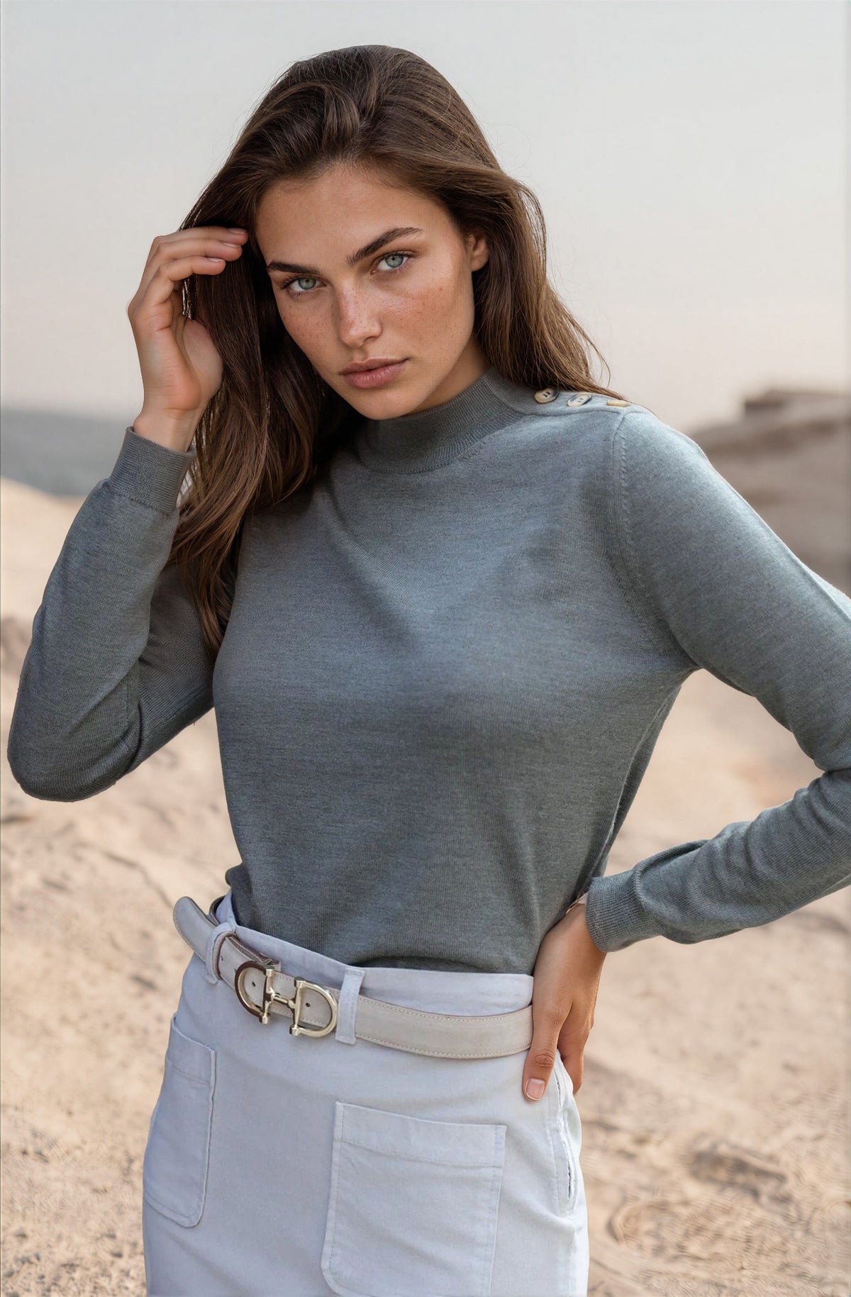 Pull col cheminée Elsa en laine mérinos - Kaki-PULL FEMME-Curling-Paris