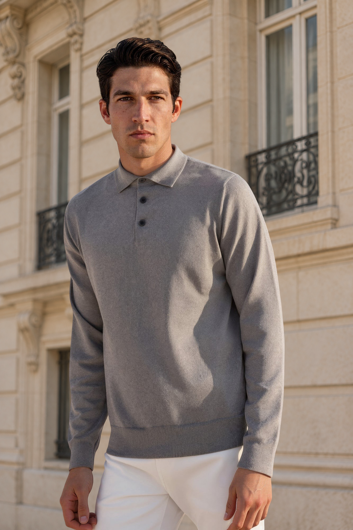 Pull col polo en laine merinos - Gris-PULL HOMME-Curling-Paris