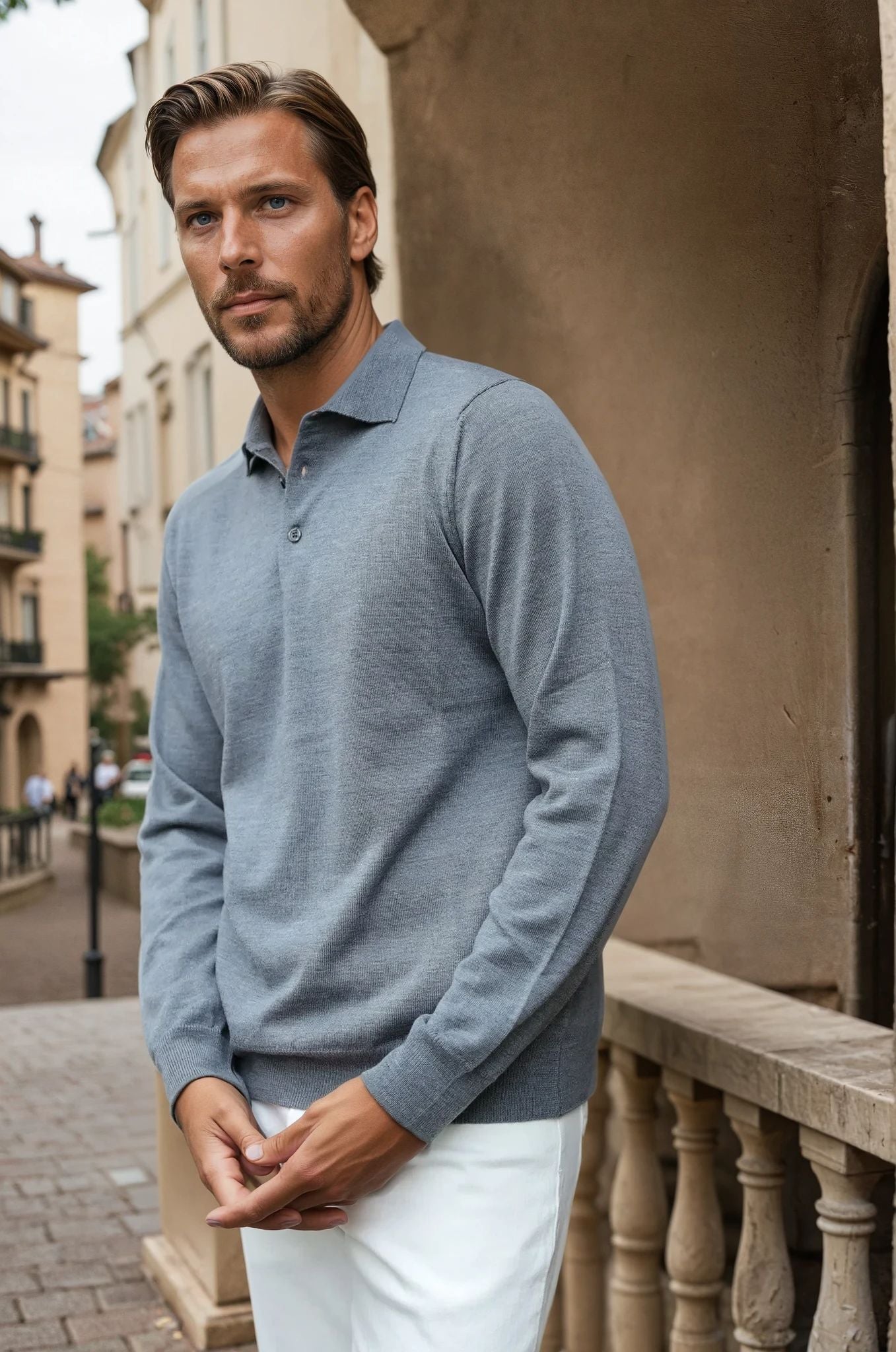 Pull col polo en laine merinos - Gris-PULL HOMME-Curling-Paris