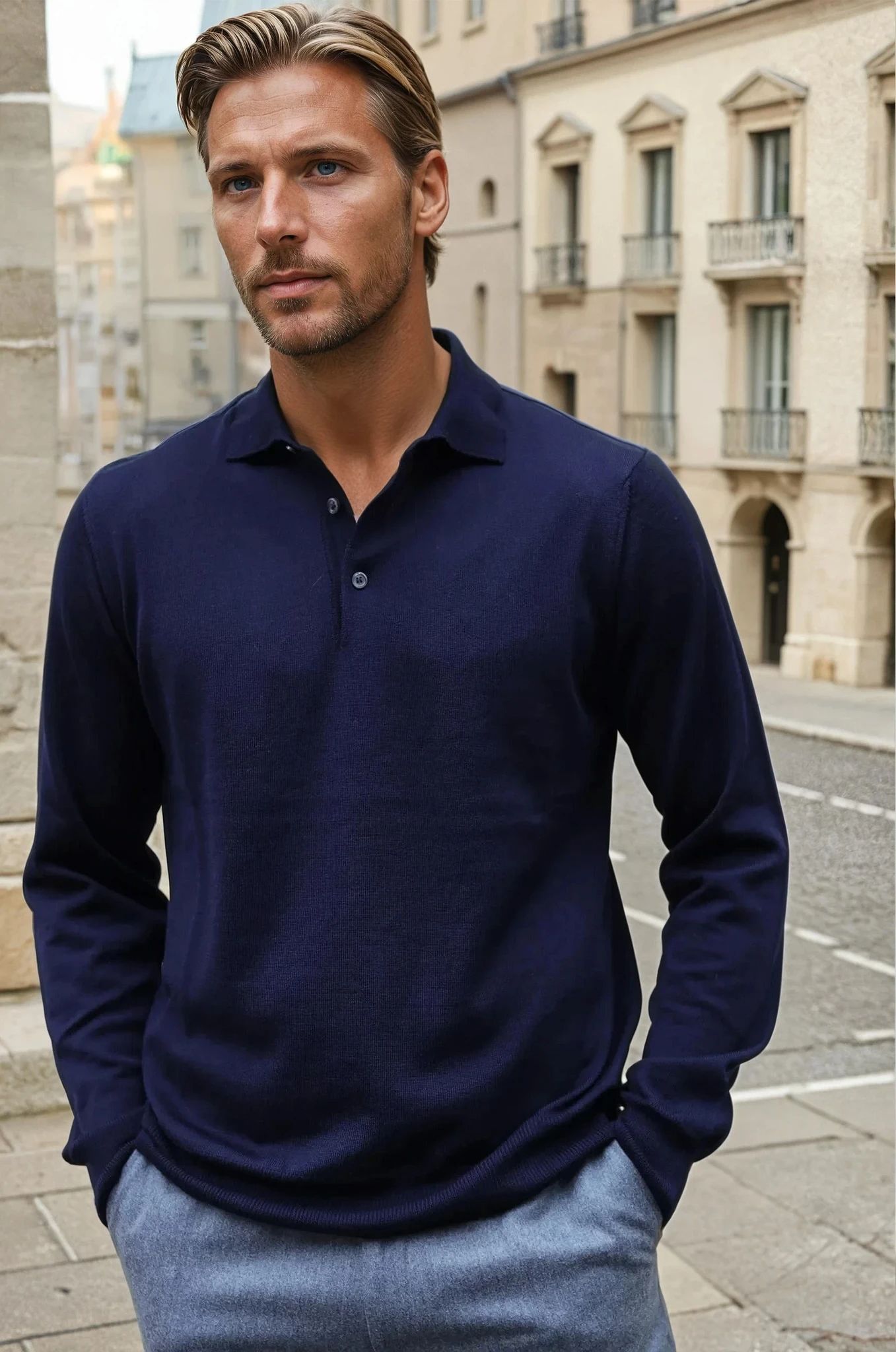 Pull col polo en laine merinos - Marine-PULL HOMME-Curling-Paris