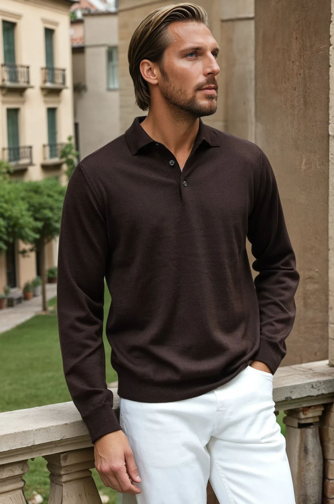 Pull col polo en laine merinos - Marron-PULL HOMME-Curling-Paris