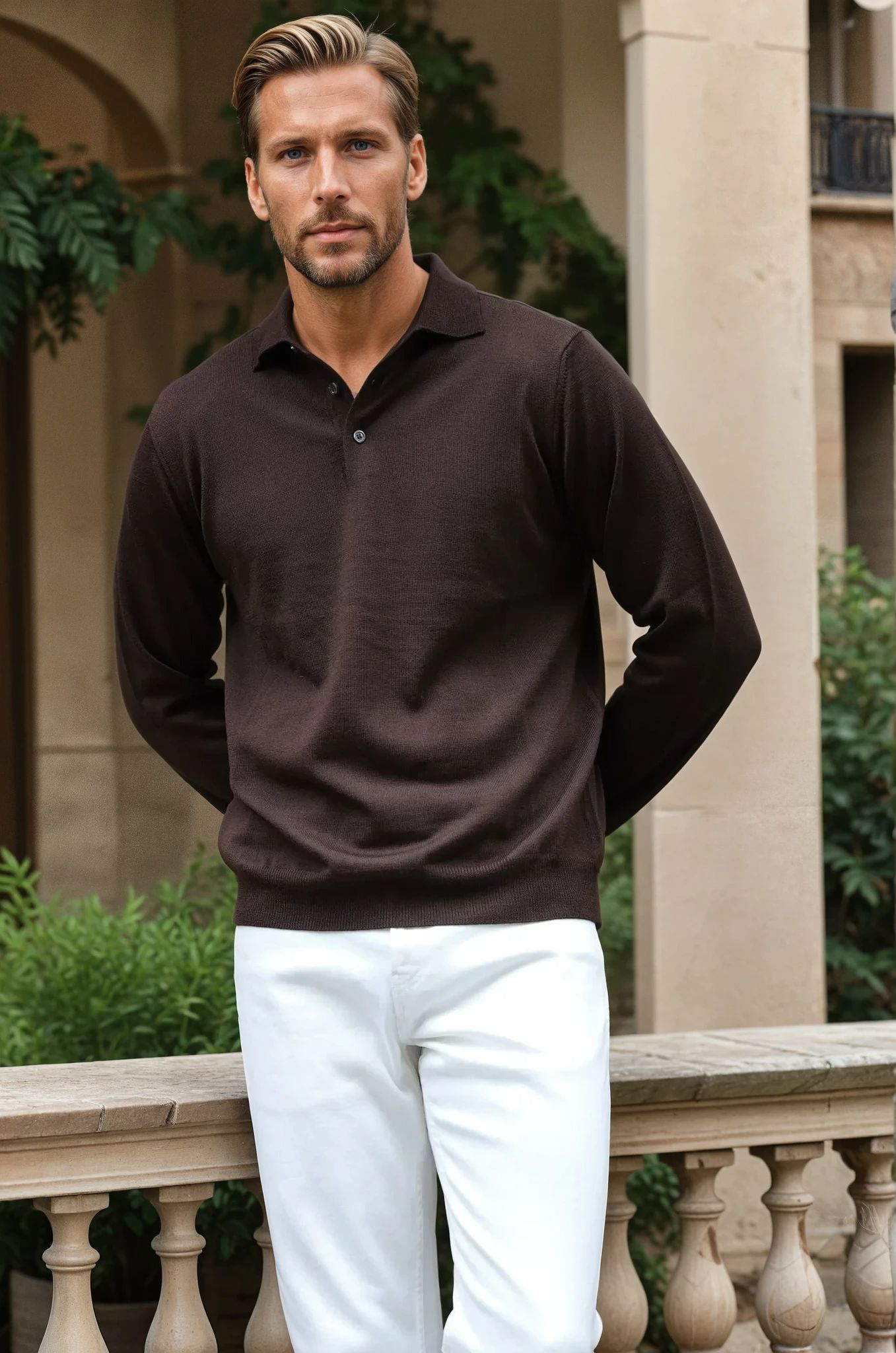 Pull col polo en laine merinos - Marron-PULL HOMME-Curling-Paris