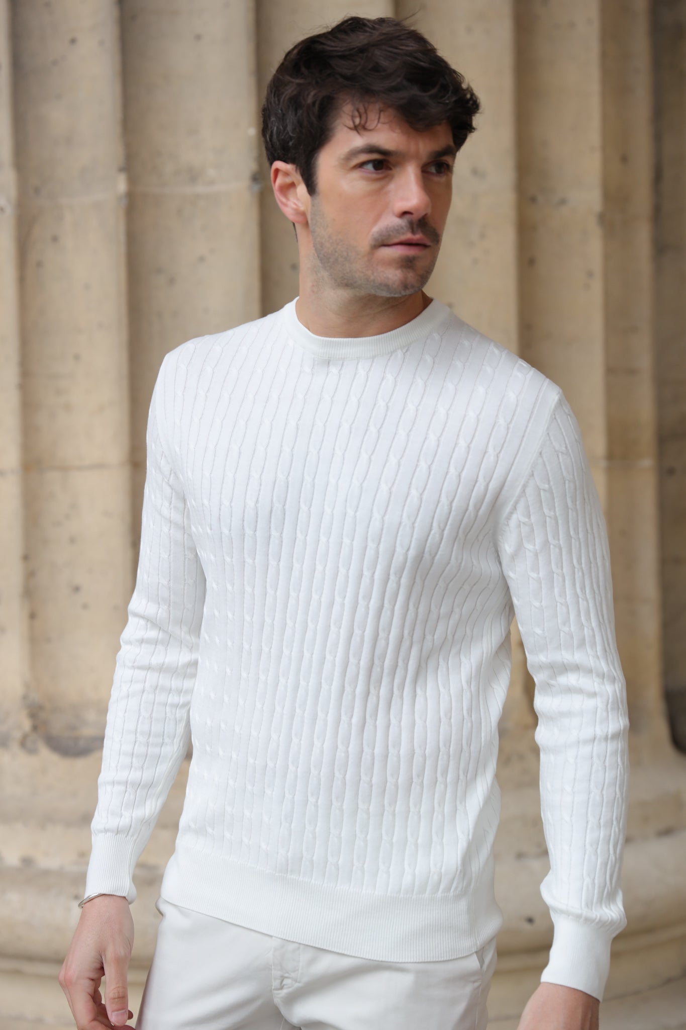 Pull col rond en coton - Torsade écru-PULL HOMME-Curling-Paris