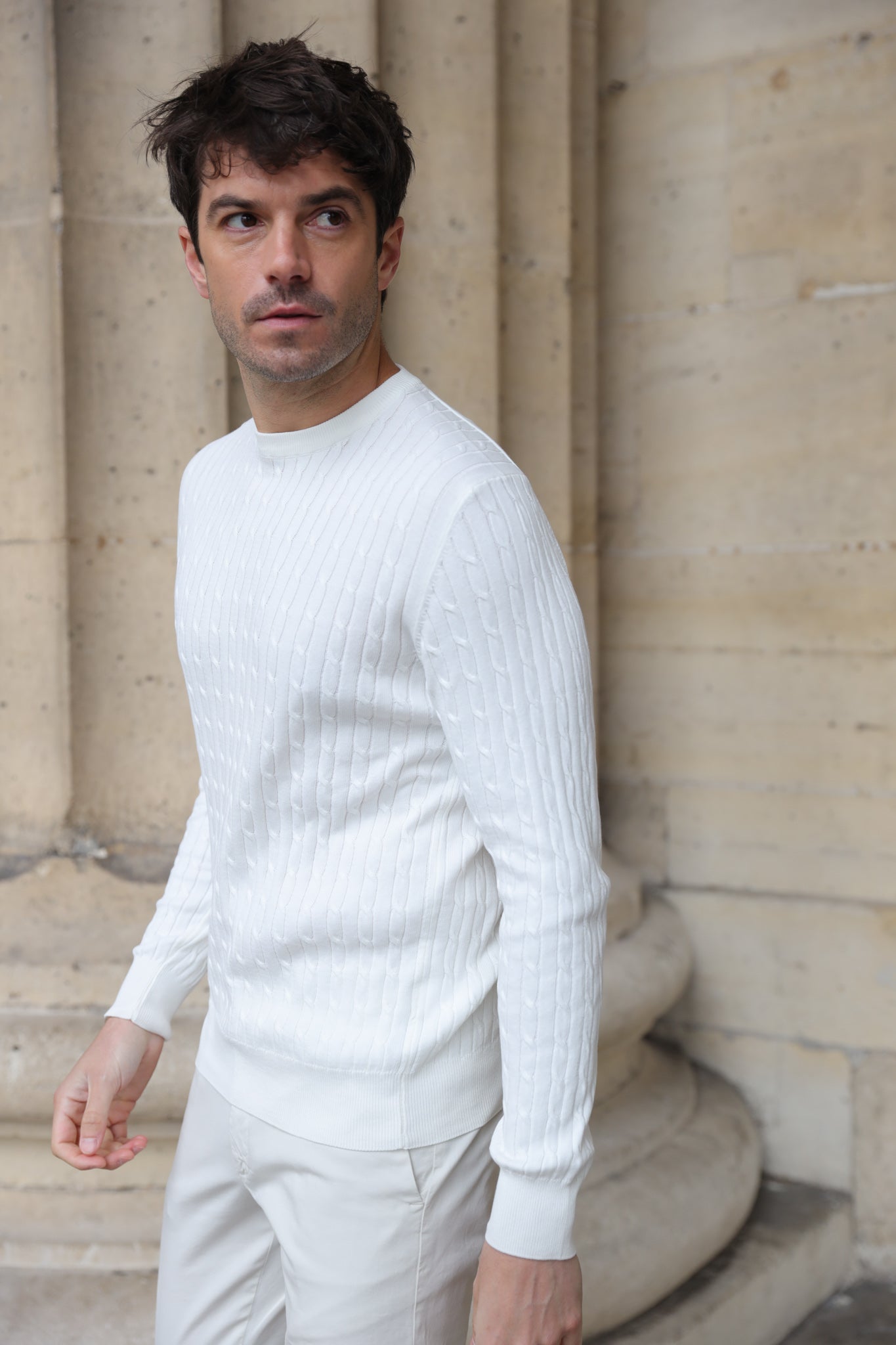 Pull col rond en coton - Torsade écru-PULL HOMME-Curling-Paris