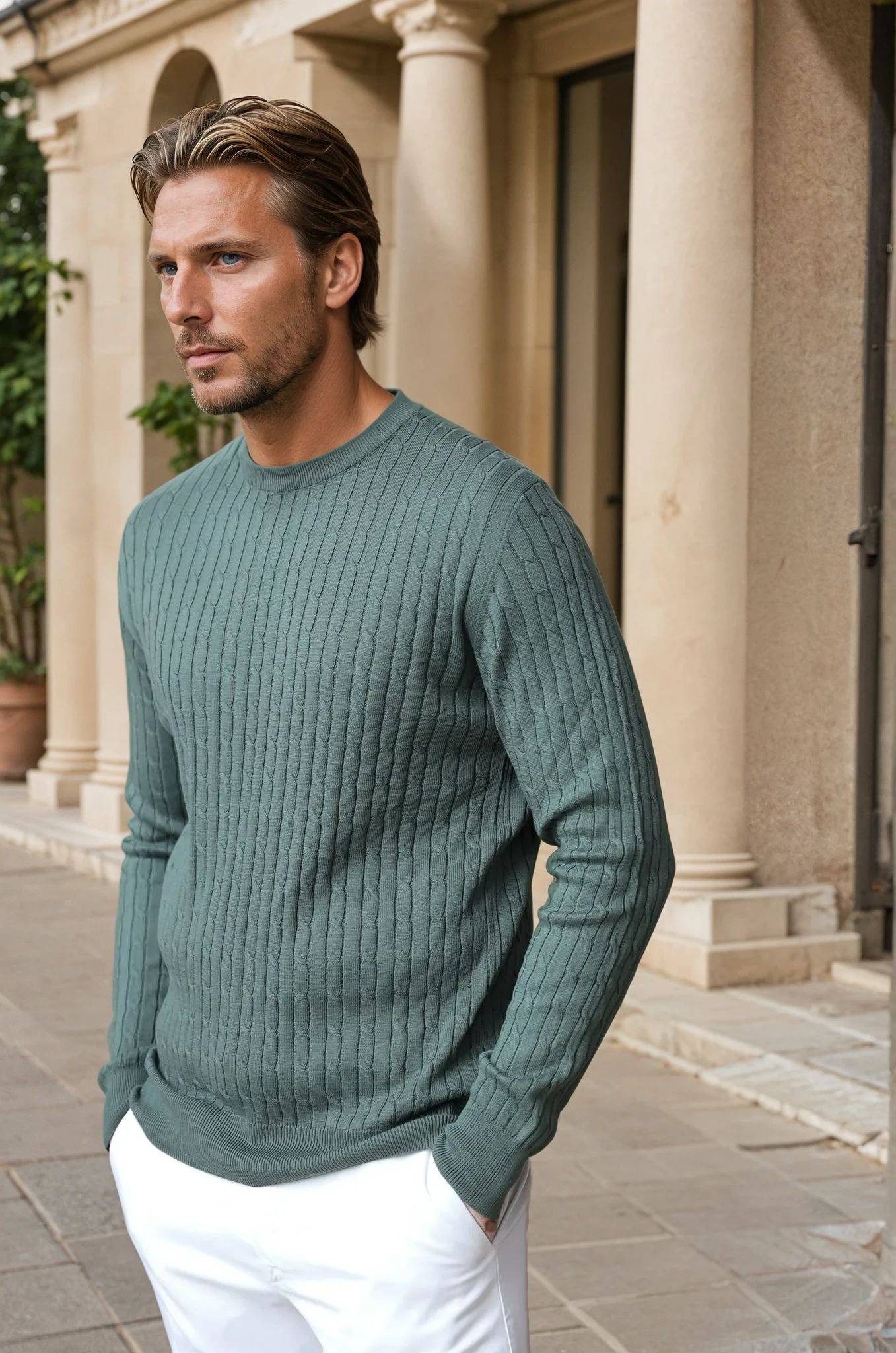 Pull col rond en coton - Torsade kaki-PULL HOMME-Curling-Paris