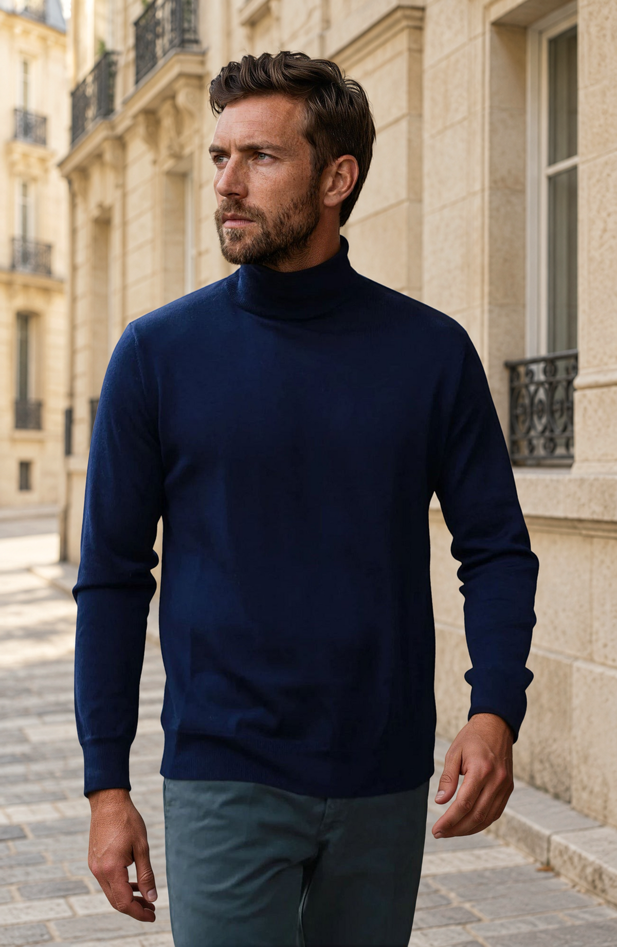 Pull col roulé Yves en laine mérinos - Marine-PULL HOMME-Curling-Paris